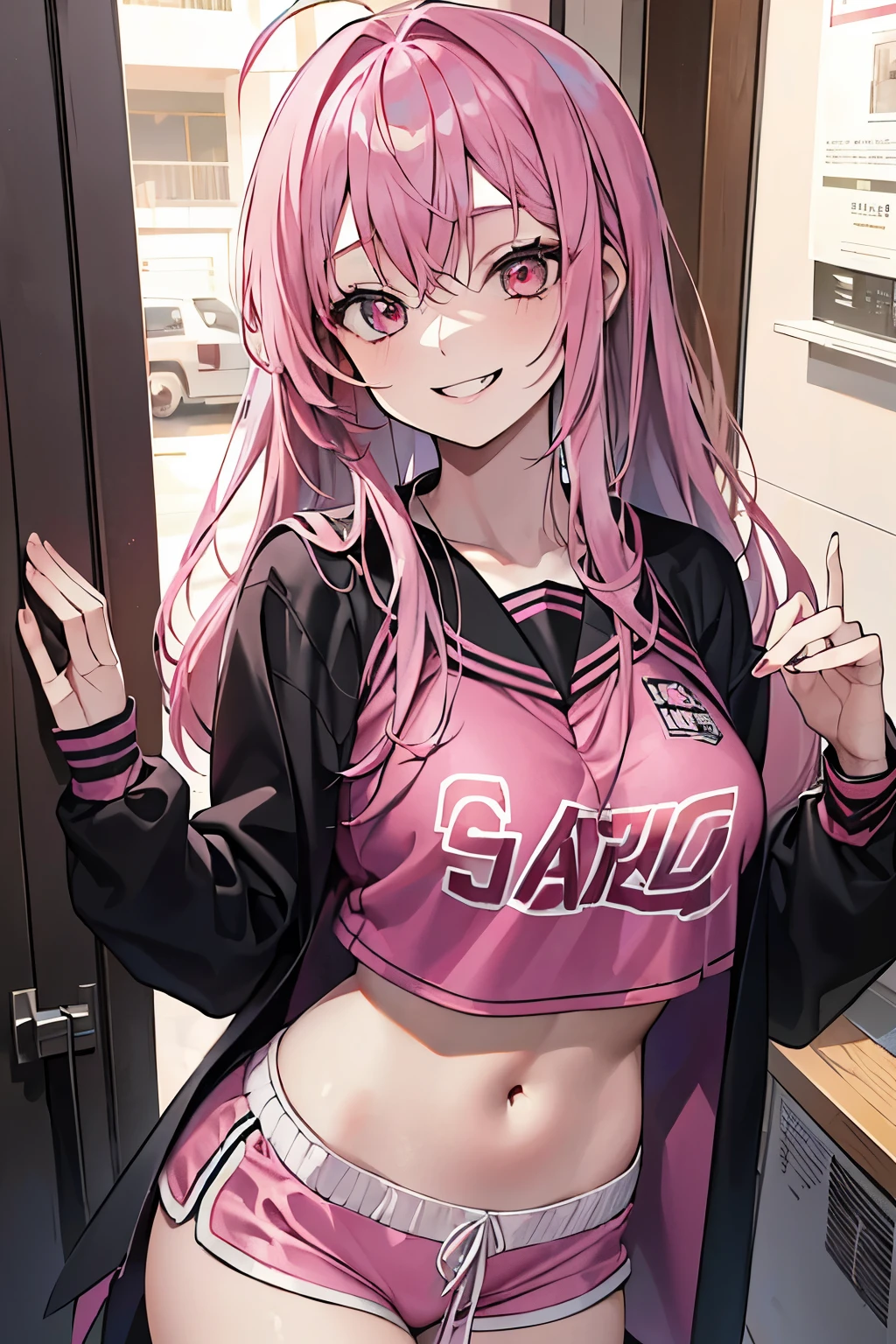 （Fan in the room. Eating ice cream while sitting cross-legged）(((masutepiece))),((ultra-detailliert,Best Quality, hight resolution, 8K Wallpaper, Beautiful clothes,)),fullllbody,Fulll body Shot (1 girl)((Pink hair, Long hair,Straight hair,two side up)) (Green eyes),eyeshadows, eye line,gloweyes, ultradetailed eyes, intricate eyes, Beautiful eyes, ((Glowing pink pupils))18-year-old girl.A smile.Baggy hoodies.Sleeveless.Thin material、lame、