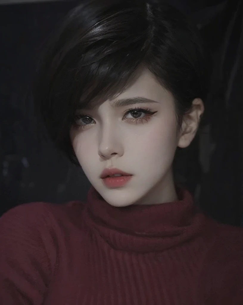 20 years old female, black short hair, red turtleneck