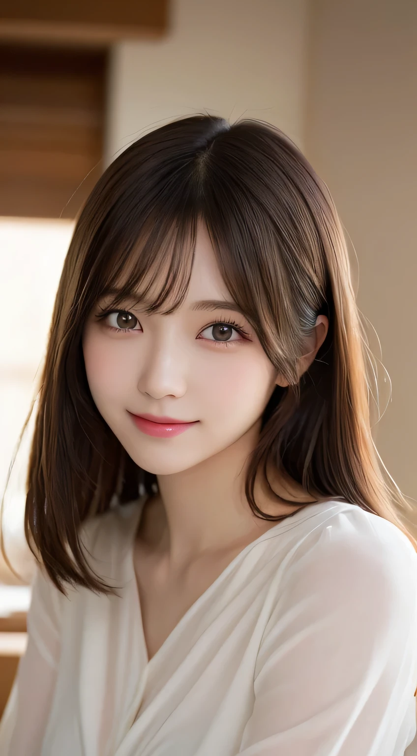 masutepiece, Best Quality, Illustration, Ultra-detailed, finely detail, hight resolution, 8K Wallpaper, Perfect dynamic composition, Beautiful detailed eyes, doress,Medium Hair, Big are visible, Natural Color Lip, Random and sexy poses,Smile,20 years girl