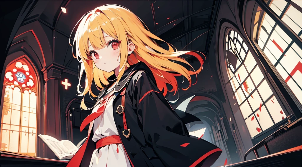 (1 girl, blonde hair, red eyes, kawaii), (abandoned church, late night), (low contrast, flat color, limited palette)