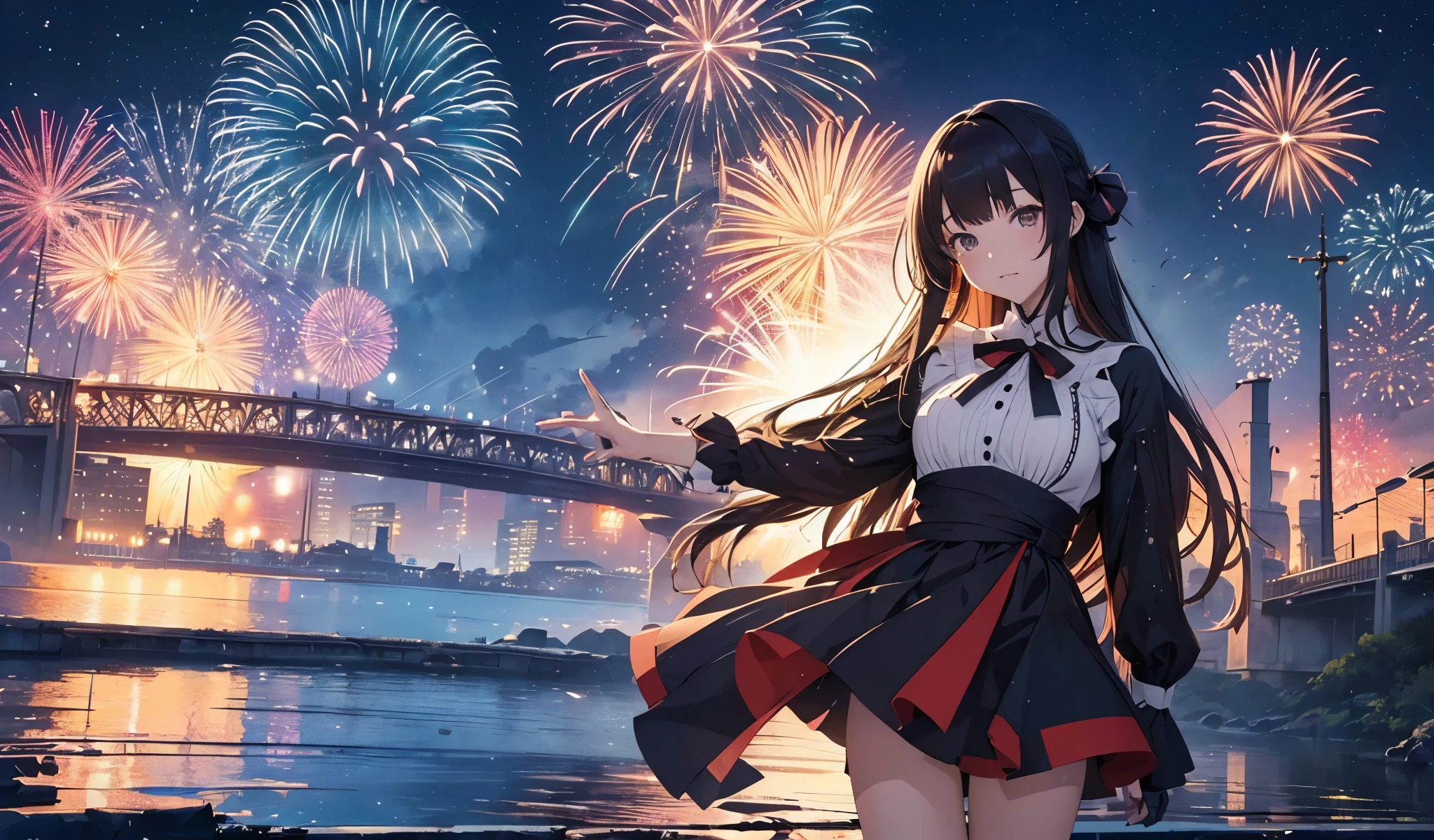 (masutepiece, of the highest quality, Best Quality, Beautiful and aesthetic:1.2), (1girl in:1.3),( Flat color:1.3), Lots of fireworks will be set off、Realistic Full Moon、High resolution, Extremely detailed, Original, Colorful, Color splash, Water, Splashing, Atmospheric perspective, crossed bangs, hair pointy,