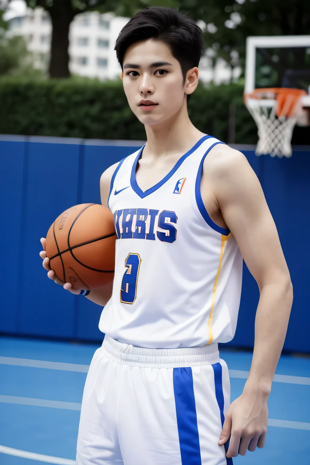 （Best quality，tmasterpiece ：1.2）Sunny handsome boy，Short hair details，wearing basketball outfit，With a basketball in his hand，The background is a basketball court，Beautiful weather，超高分辨率