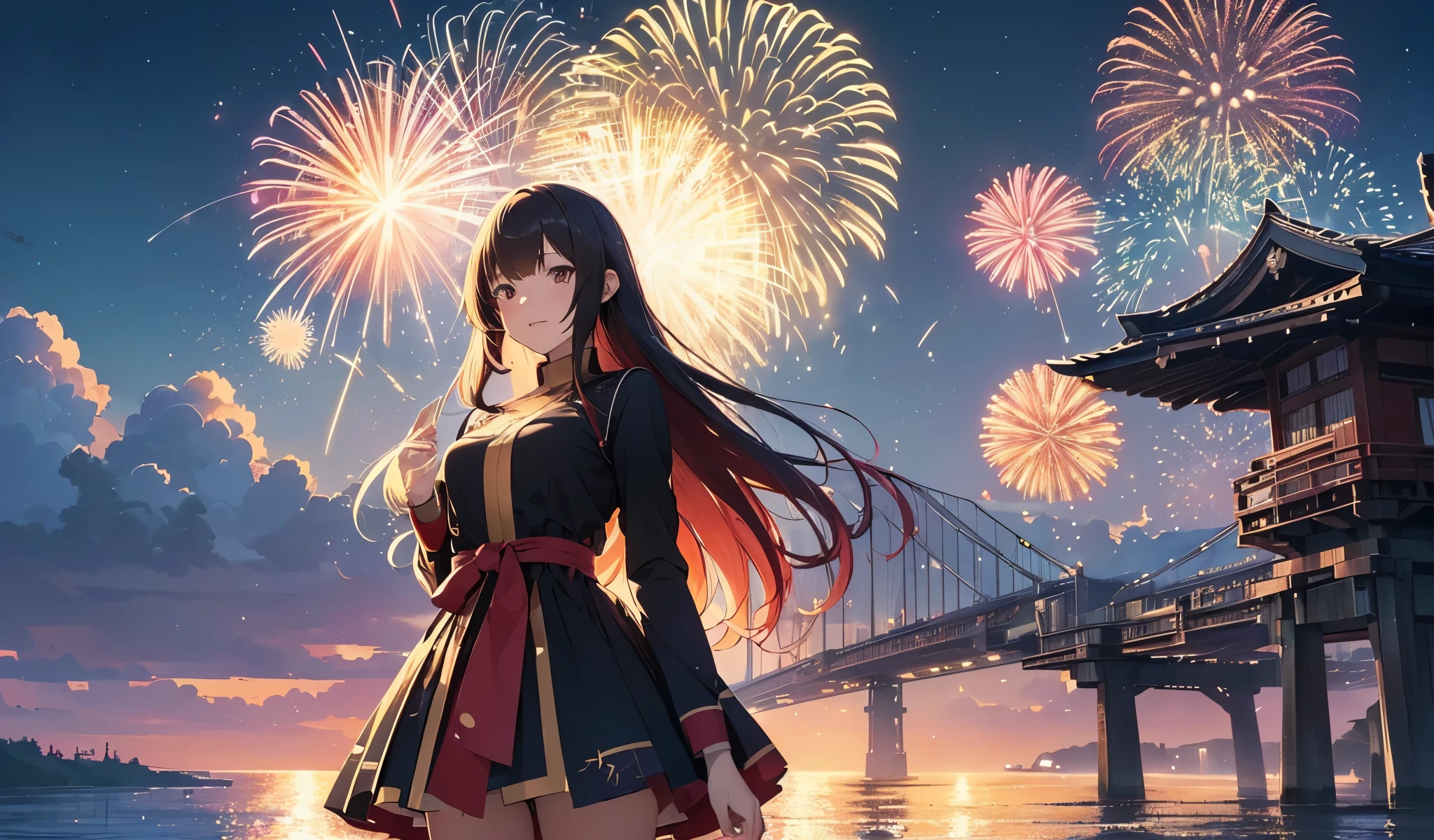 (masutepiece, of the highest quality, Best Quality, Beautiful and aesthetic:1.2), (1girl in:1.3),( Flat color:1.3), Lots of fireworks will be set off、Realistic Full Moon、High resolution, Extremely detailed, Original, Colorful, Color splash, Water, Splashing, Atmospheric perspective, crossed bangs, hair pointy,