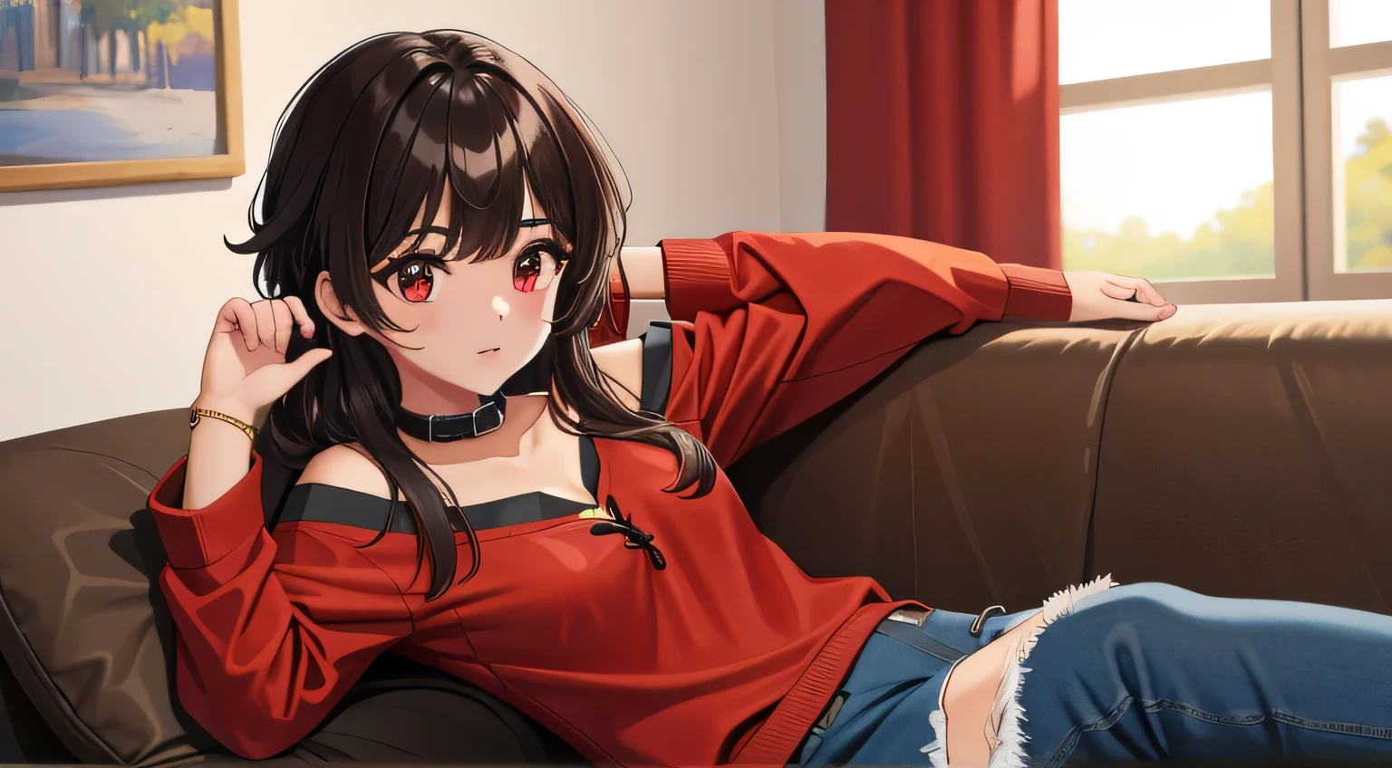 (Obra maestra, La mejor calidad), Detalles intrincados, 1girl, Megumin, pelo corto, sudadera, Ropa casual, buzo rojo, sudadera roja sentada en un sofa, sofa, staring at the camera, cara feliz, joyas en el cuello, collar de diamantes, pulseras en la mano derecha, jeans rotos, plano general, vestimenta del pecho roja, gente en el fondo con vestimenta y camperas negras, gente de fondo con vestimenta negra