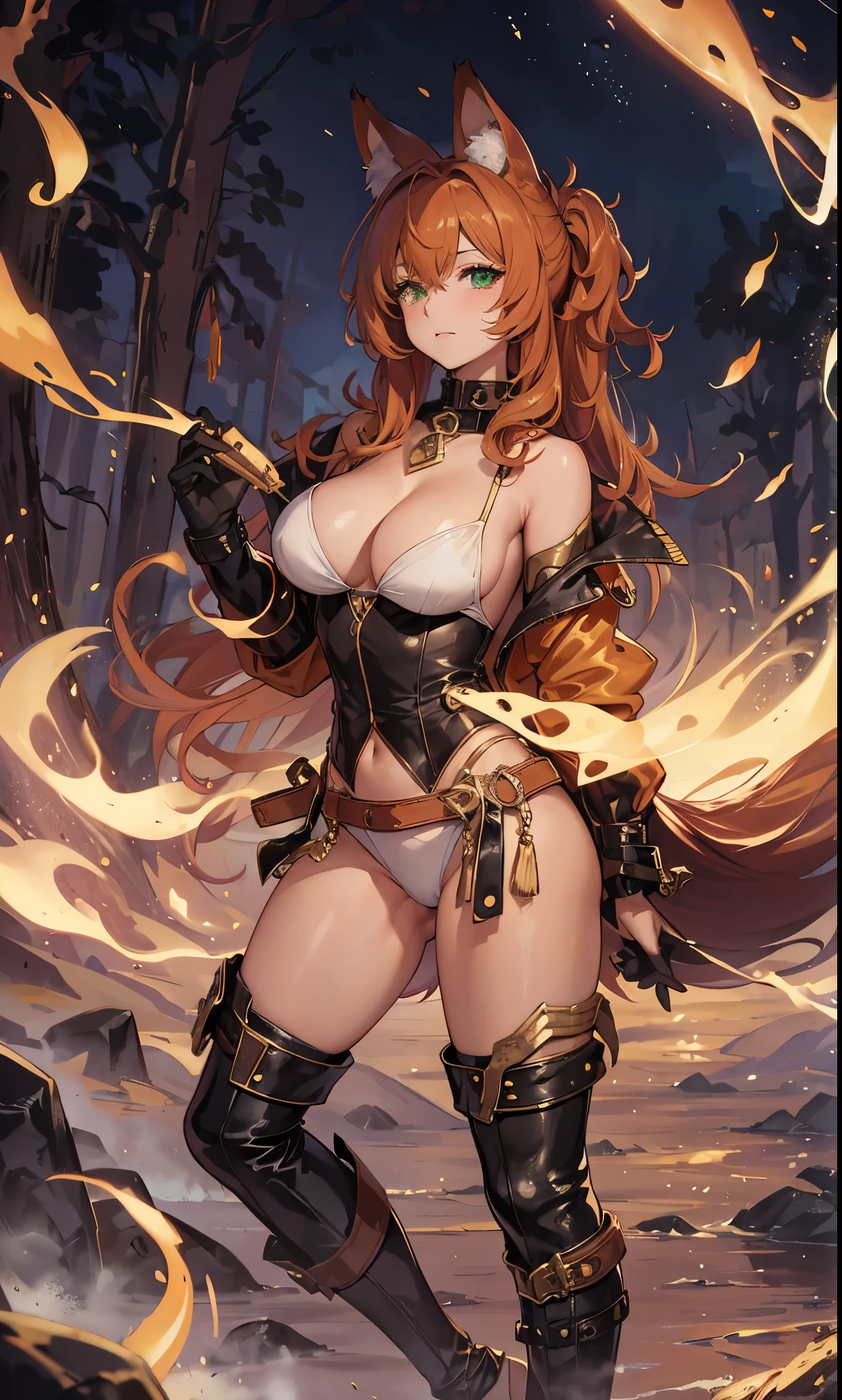 closeup cleavage, The world of dreams, fox ear, Orange ponytail curly hair, Fox-eared beast girl, collars, at a forest, humanoid creature, Original animal leather jacket, Her skin is wheat-colored, Wheat-colored complexion, Green-eyed, Black sclera, disheveled brown hair, With a short knife, camel top,blackstockings, Barefoot