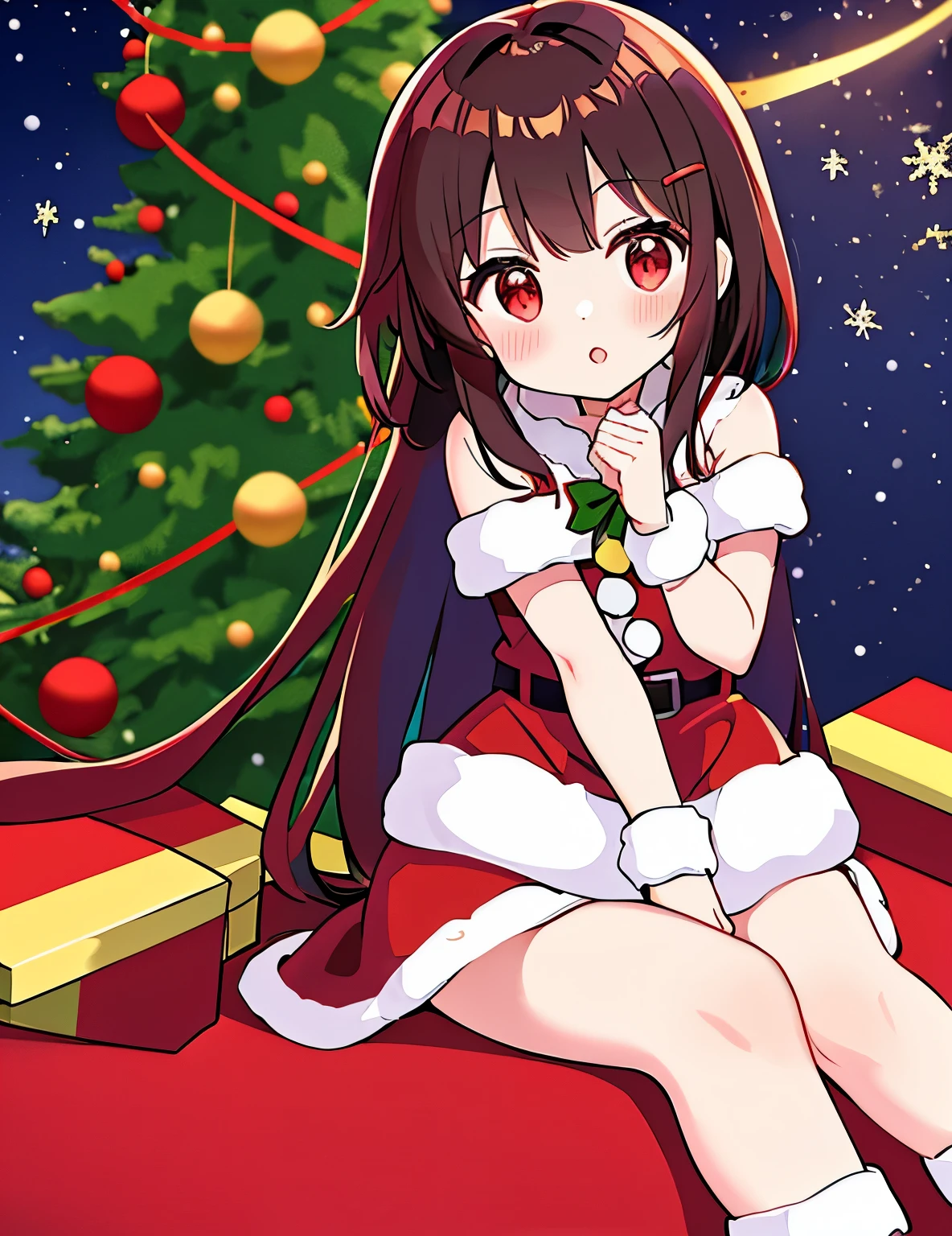 Megumin, red eyes, cabelos curto, cabelo castanho, Santa Claus Christmas outfit, em casa, perto da lalaleira, hands crossed, com vergonha, presentes de natal, white christmas tree, beautiful hands and feet.