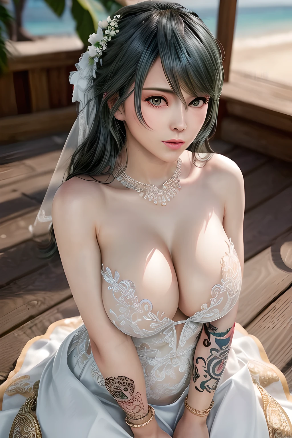 1个Giant Breast Girl,Tamaki,(in wedding dresses_Dress with jewelry),(fashionably_Tattooed with),(gigantic cleavage breasts),鎖骨, Chopping,detailed hair,(Tattooed with),(tmasterpiece:1.5),( Best quality at best:1.4), ultra - detailed,(((Realistic))),8K,{ (realisticlying:1.37),movie soft light,full bodyesbian,