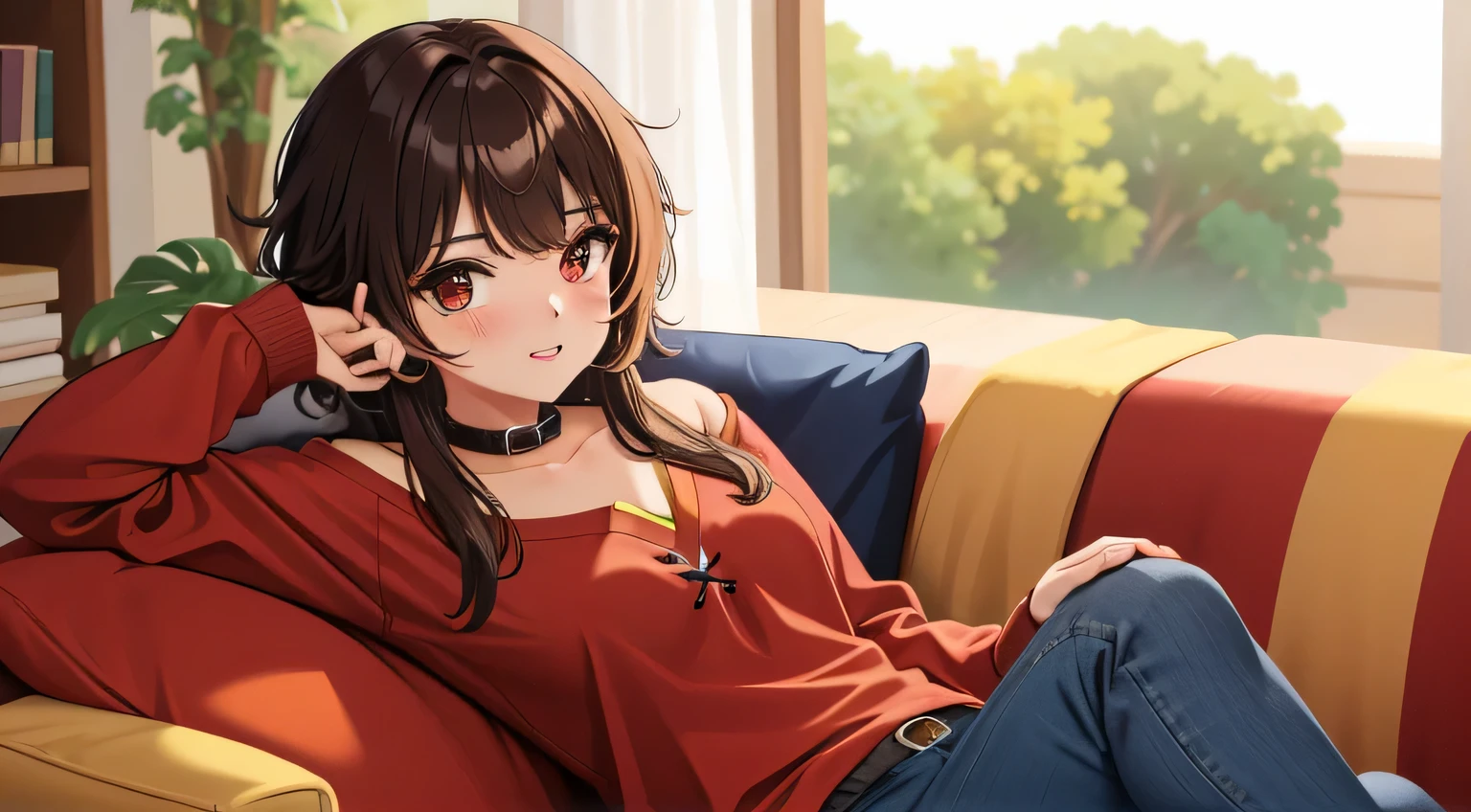 (Obra maestra, La mejor calidad), Detalles intrincados, 1girl, Megumin, pelo corto, sudadera roja, Ropa casual, sentada en un sofa, sofa, staring at the camera, cara feliz, joyas en el cuello, collar de diamantes, pulseras en la mano derecha, jeans rotos, jeans cortos, plano general, gente de fondo, senta de frente
