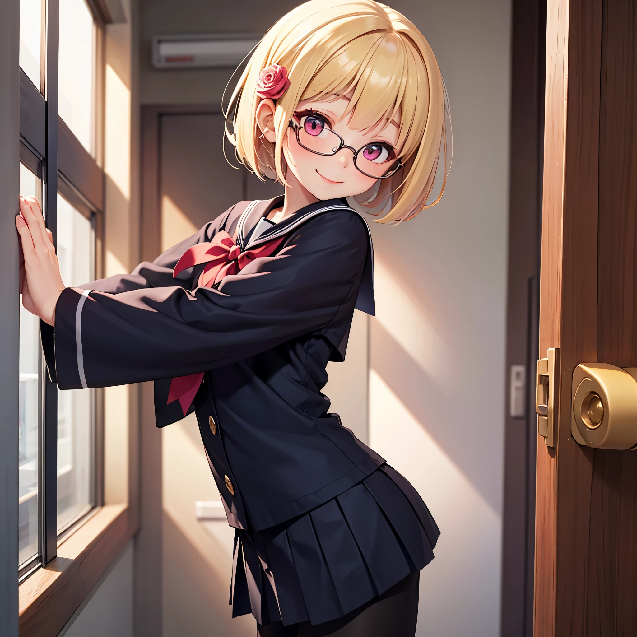 1boy, only one boy, one boy only, wearing a sailor uniform, smile, blonde hair, pink eyes, classic bob hairstyle, looking at the viewer, wearing glasses, petite, feminine face, alone in school building, close up shot, stand straight, rose hair ornament