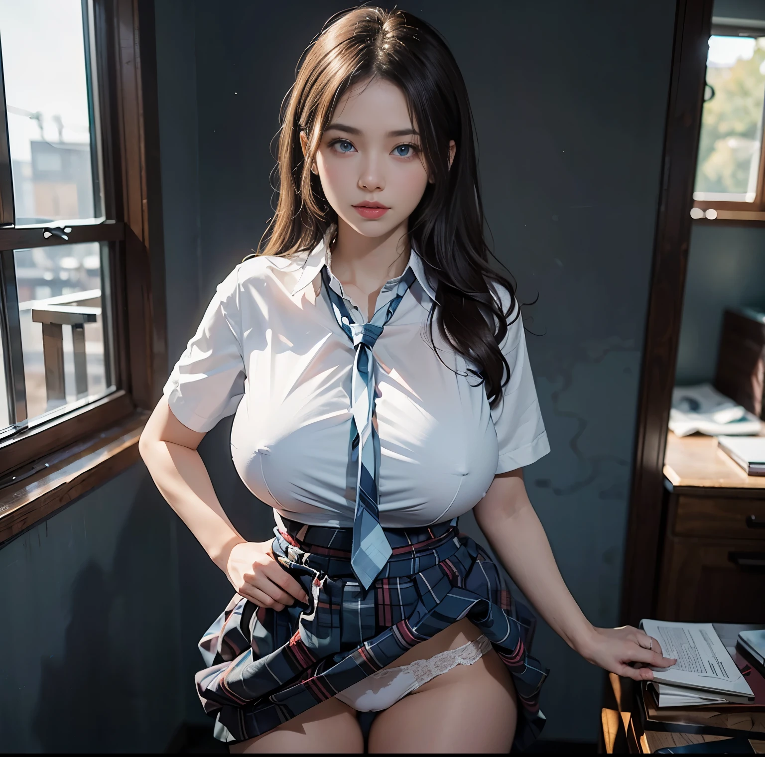 top-quality, 8K picture quality, masterpiece, profetional lighting, (Two women standing), (Super huge breasts squeezed with clothes:1.2), Whitening Skin, (Sparkling blue eyes), (A tight pure white shirt that completely hides her gigantic breasts.:1.3), (Crimson Ribbon Tie, Amazingly Short Micro Mini Pleated Tartan Skirt), (I can't see any skin in my shirt:1.3), Show off your ultra-slim waist from the front, above the knee while standing, White panties, Skirtliftv1