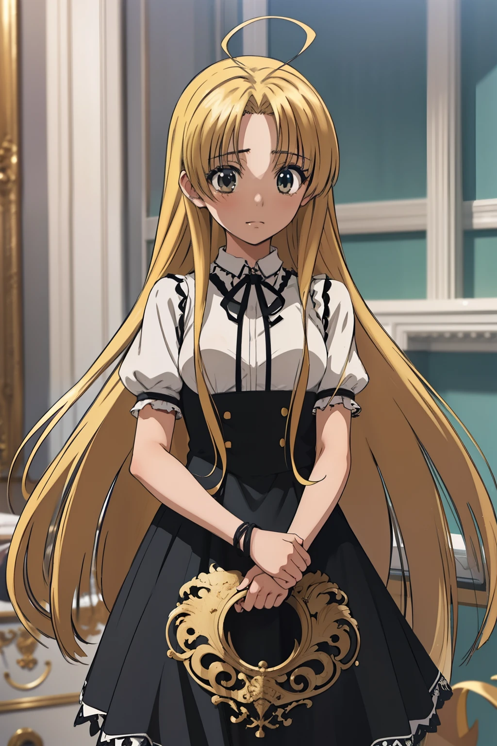 Chica anime con cabello largo y rubio y un vestido blanco y negro, Chica rubia de anime con cabello largo, Marisa Kirisame, Chica anime con pelo largo, Anime CG soft art, Chica de anime con disfraz de sirvienta, Loli en vestido, Anime visual de una chica linda, Chica anime con un vestido negro, Personaje femenino de anime, Lolish, Chica de anime Gothic Maiden Shibari, servidumbre, desnudo, ruboroso, avergonzado. (La mejor calidad, high resolusion), nudos detallados, patrones de cuerda intrincados, Textura delicada de la piel, rasgos faciales expresivos, Subtle lighting,  ambiance.