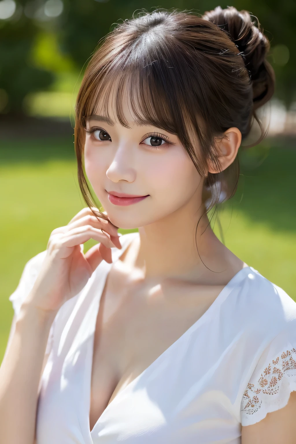 masutepiece, Best Quality, Illustration, Ultra-detailed, finely detail, hight resolution, 8K Wallpaper, Perfect dynamic composition, Beautiful detailed eyes, Women's Fashion Summer,Ponytail hair,Small breasts natural color lip,Smile,Harajuku、20 years girl、Cute、Shot looking at the camera