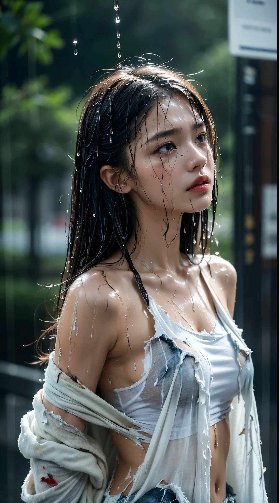 Best picture quality, masterpiece, ultra high resolution, (fidelity :1.4), photo, 1 girl,[(sadness)],white shirt, Dim, dark, desperate, pitying, pitiful, cinematic,tear,teardrop,(Torn clothes:1.5), (Wet clothes:1.4), bare shoulders,Real rain,wet hair,..