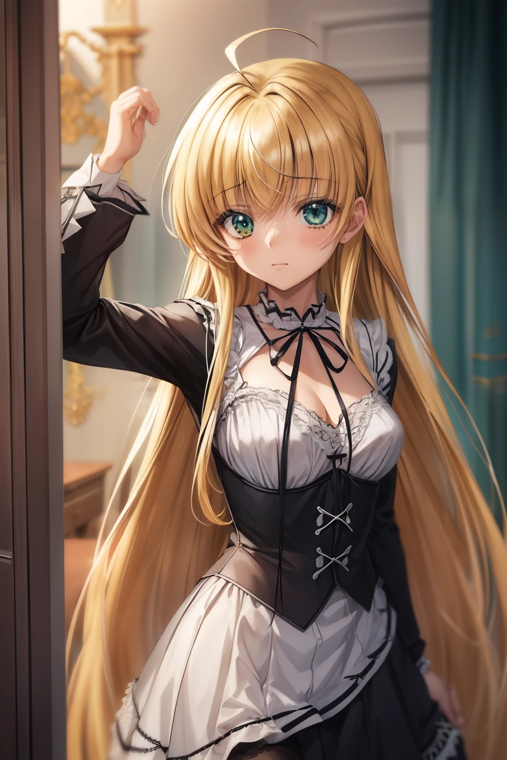 Chica anime con cabello largo y rubio y un vestido blanco y negro, Chica rubia de anime con cabello largo, Marisa Kirisame, Chica anime con pelo largo, Anime CG soft art, Chica de anime con disfraz de sirvienta, Loli en vestido, Anime visual de una chica linda, Chica anime con un vestido negro, Personaje femenino de anime, Lolish, Chica de anime Gothic Maiden Shibari, servidumbre, desnudo, ruboroso, avergonzado. (La mejor calidad, high resolusion), nudos detallados, patrones de cuerda intrincados, Textura delicada de la piel, rasgos faciales expresivos, Subtle lighting,  ambiance.