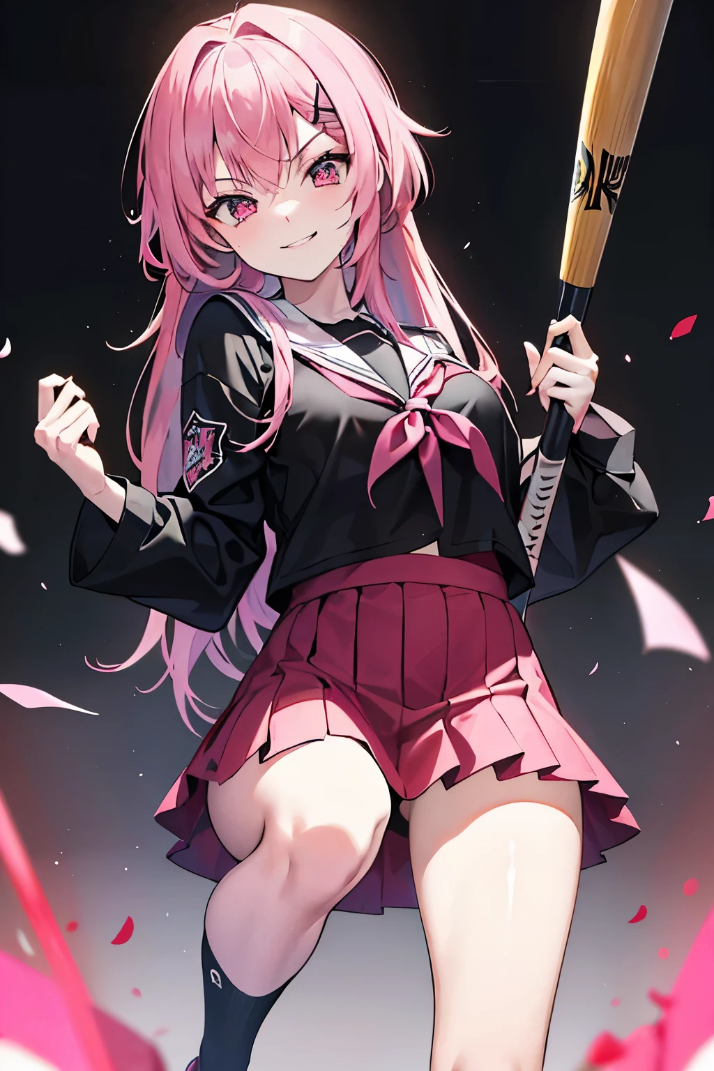 (1Girl, 18yo, pink loose hair, she is a evil, bully and crazy character, she are smiling, (wearing ((black)) colegial japonese clothes), ((Menacingly holding a baseball bat))), ((School background))