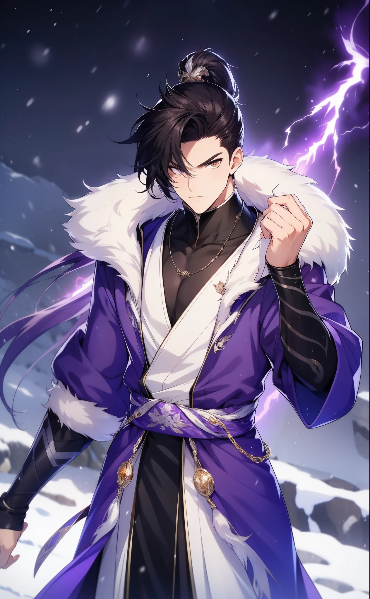 the only person，Libido boy，disheveled black hair , Orange eyes , purple martial arts uniform , Fighting posture，purple aura，lightning effects，Snowy background , Snowy wasteland background, Martial arts costumes , 1male people , Complicated details , perfect generation , male people , musculous , poncho，red magic vortex，