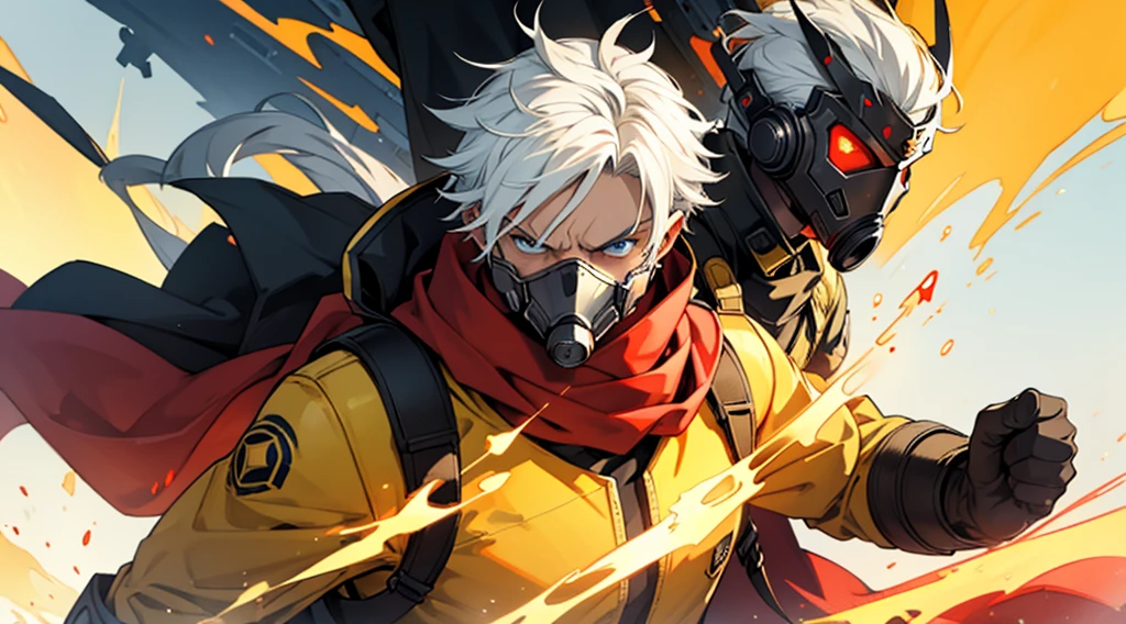 Man in golden futuristic arcane costume and red scarf and futuristic gas mask and white hair and blue eyes very angry throwing fireballs and watercolor style yellow background