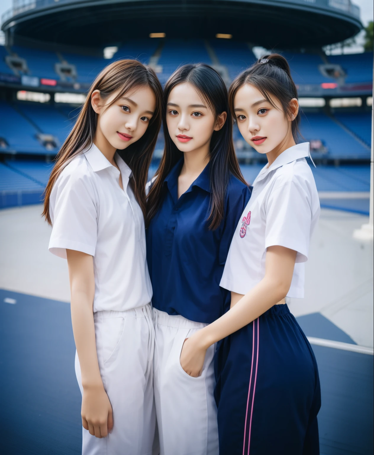 (bestquality,10,10,highres,masterpiece:1.2),ultra-detail,(Realistic,ภาพRealistic,photo-realistic:1.37),1 Cute girl in the football field,oily shiny skin,bara,light smile,BDclothelue shirt:1.3)),short sleeves,shirt, trousers.,(navy_long_ติดตามtrousers:1.1), ((Stadium Background:1.3)),dynamic angle,excited,face focus,Dynamic Poses,from behide,Ass Focus,masterpiece, bestquality, ultra realistic, hyper-detail, 8k resolution, RAW photo, crisp focus, ((Navy blue shirt:1.1)), short sleeves, เส้นทางlong, Complete bodyแบบ, 2 mature women, 18yo, cinematic light,trousersวอร์มสีน้ําเงิน,Gymware,Correct anatomy,Complete body, Correct body, sharp face, Correct bodyทางกายวิภาค, full entire body, Realistic gestures, long-haired, Realistic poses,Wear long shorts............................................,ช่วงขาlong,Shapely,Sculpting Girl, Slender Figure, mannequin mannequins, Shapely, Beautiful body,trousersวอร์มสีน้ําเงิน, Two girls kissing