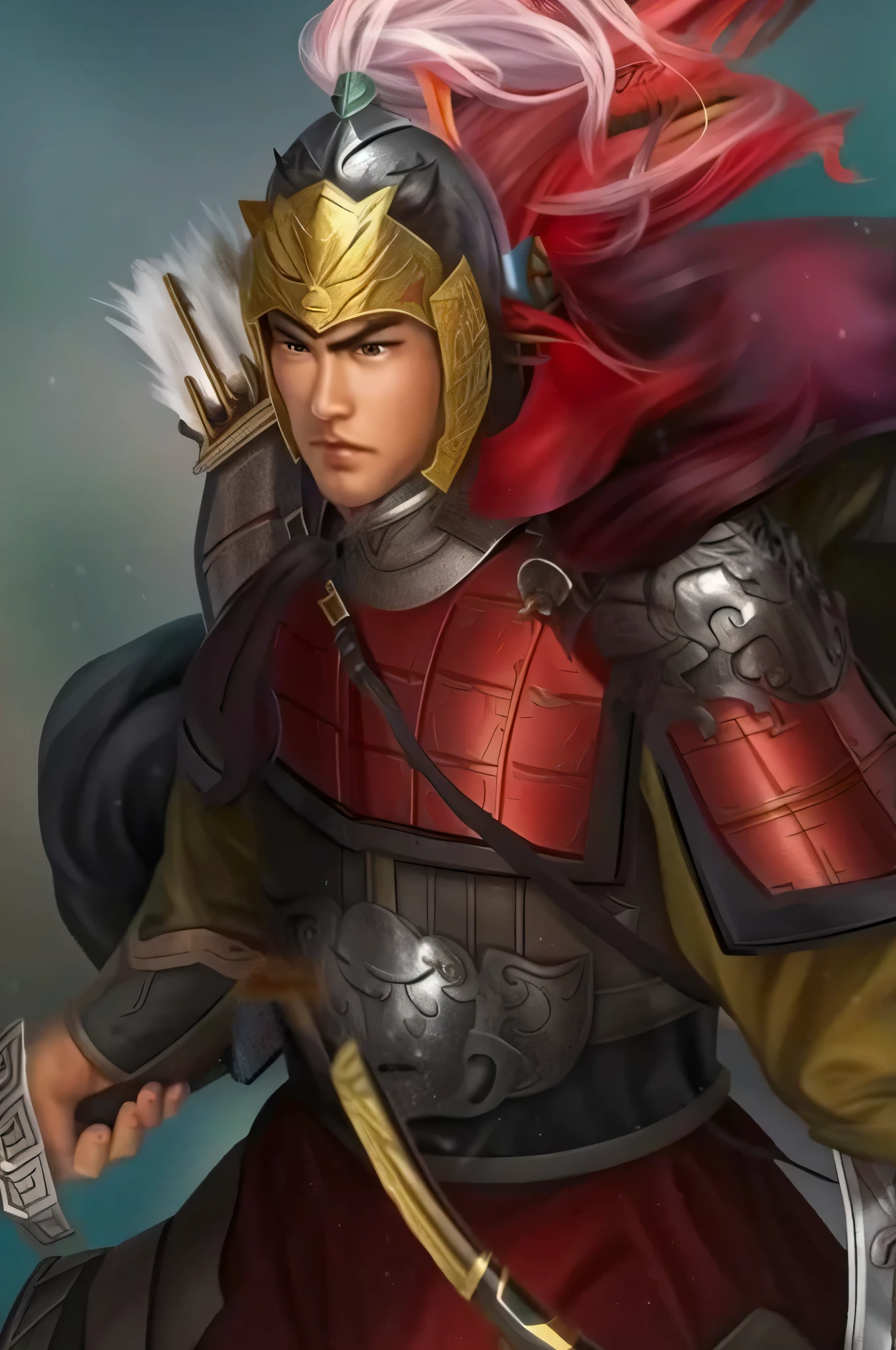 One in armor、Close-up of a man with a sword, zhao yun, picture of an  male warrior, bian lian, Chinese samurai, guan yu, male warrior, inspired by Li Rongjin, Inspired by Hu Zaobin, author：heroes, Inspired by Fan Kuan, G Liulian art style, Inspired by Huang Shen, xianxia hero