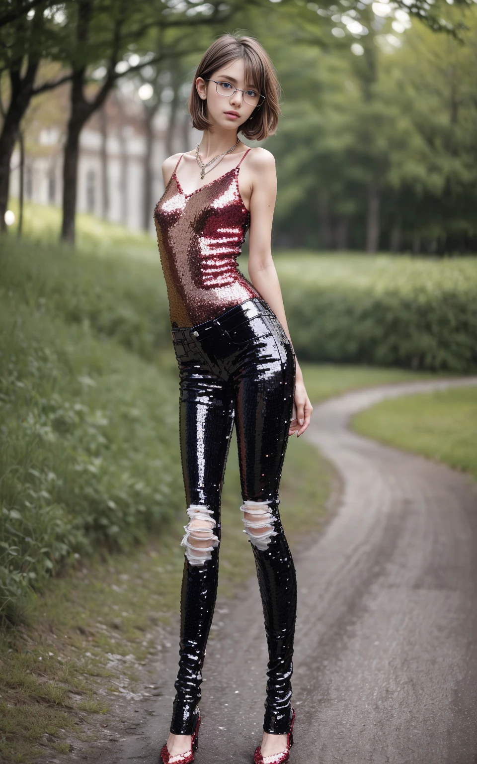 (8K, Masterpiece, RAW photo, Best quality, detail:1.3), (ultra realistic Natural background, scenary:1.5), Depth of field, Cinematic light, (ultra realistic face), (1 picture of 1 solo girl Airim Jones:1.6), 1girl, (Beautiful and elegant Russian girl), (skinny girl with glasses), (European face:1.3), (perfect complete full body:1.6), (full body shot including shoes:1.6), (perfect [frontal view|side profile|back profile]:1.5), (small necklace, collarbone:1.1), ( [bangs|pigtails|bob|pixie] hair:1.5), (ultra detailed skin:1.4), (sexy red minitop:1.5), (soft fabric miniTop:1.5), (Sequin detail Jeans:1.6), (perfect standing pose:1.5), (perfect long legs:1.35), (low rise jeans:1.5), (low waisted jeans:1.5), (perfect shoes:1.5), (perfect feet:1.5)
