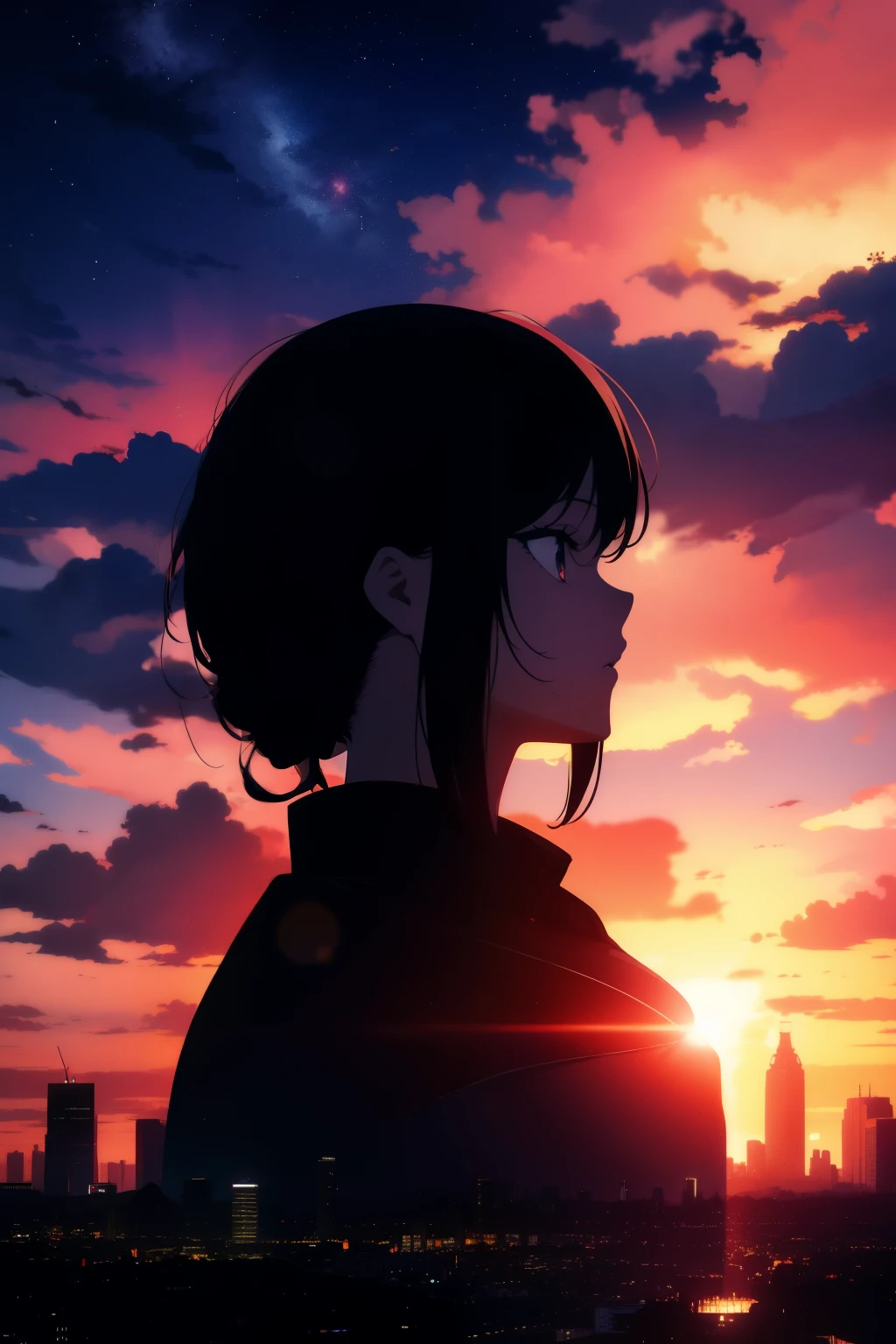 anime,silhouette,1girl, star (sky), cloud, cityscape, building, city, outdoors, skyscraper, city lights, night, night sky, sunset, skyline