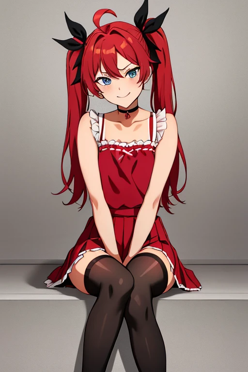 (masterpiece, best quality:1.2), highres, 1girl, solo, seductive smile, 
Mao_Kimihoshi_V1, red hair, long hair, twintails, ahoge, blue eyes, hair ribbon, (one-piece tan:1.1), red choker, 
yellow camisole, frills, collarbone, bare shoulders, pink skirt, pleated skirt, black thighhighs, zettai ryouiki, red footwear, pumps, 
sitting, spread legs, knees up, hand between legs, covering crotch, 
looking at viewer, facing viewer, head on,