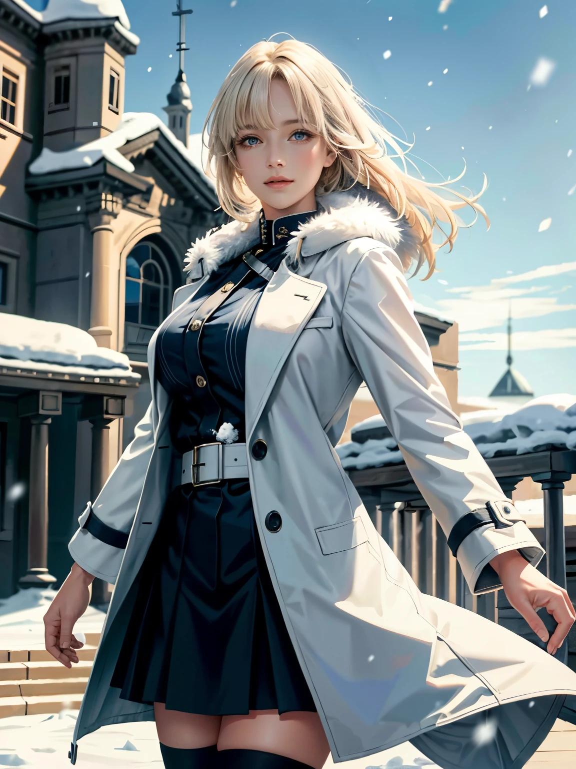 (highest resolution, distinct_image) Best quality, single person, one girl, solo, masterpiece, highly detailed, realistic, long hair, braided white blond hair, (blue military uniform underneath the coat), depth of field, outdoor background, (falling snow), ((big breasts)), authoritative, dignified, calm and powerful expression, ambient lighting, exquisite facial feature, (fur-trimmed white coat), open coat, short skirt, looking at viewer, head to waist, in a terrace of a monumental building, (((front bangs))), dynamic angle, striking a pose, light smile