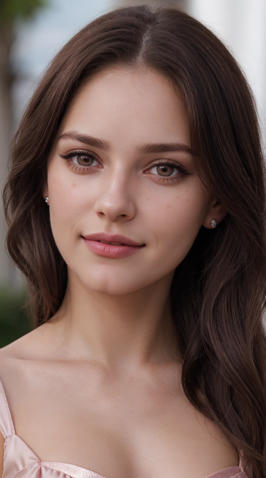 1mujer, (realista:0.75), brown hair, Cabello largo, ojos negros, feliz, de asuka evangelion, small breast, realistic pearl skin, pearl jewellery, dark jet pink lipstick, pink silk drees, ultra realistic skin texture, shy, blushing, smile, breathtaking, many eye lashes, realistic eye brows, hot pose, lovely look, depth of field, look like love at firstsite, gloss skin, shiny skin