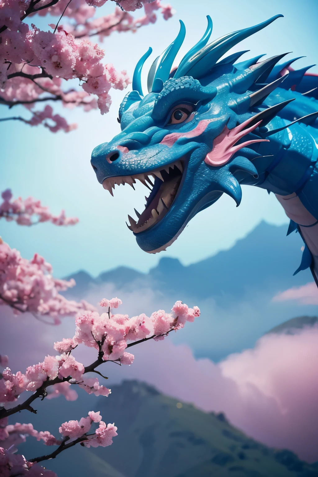 Chinese dragon soars into the sky,Walk on the clouds, Blue and pink, high key, bright watercolor style, Short focus, rich details, The faucet is in the middle of the picture, Facing the camera at close range, the body of the dragon is made of blue laser material