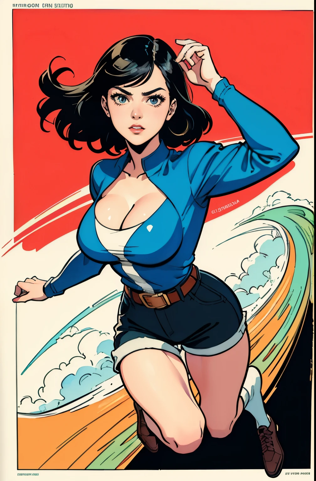 ((masterpiece)), (best quality), (cinematic), (watercolor painting), vintage art, 1girl, solo, a mature woman in a white top and high waisted shorts, large breast, chubby, martin ansin, martin ansin artwork, moebius + artgerm, beautiful comic art, joao ruas, by José Comas Quesada, Snow White , inspired by Vincent Lefevre, jamie mckelvie comic art, milo manara style, full body, cleavage, running,