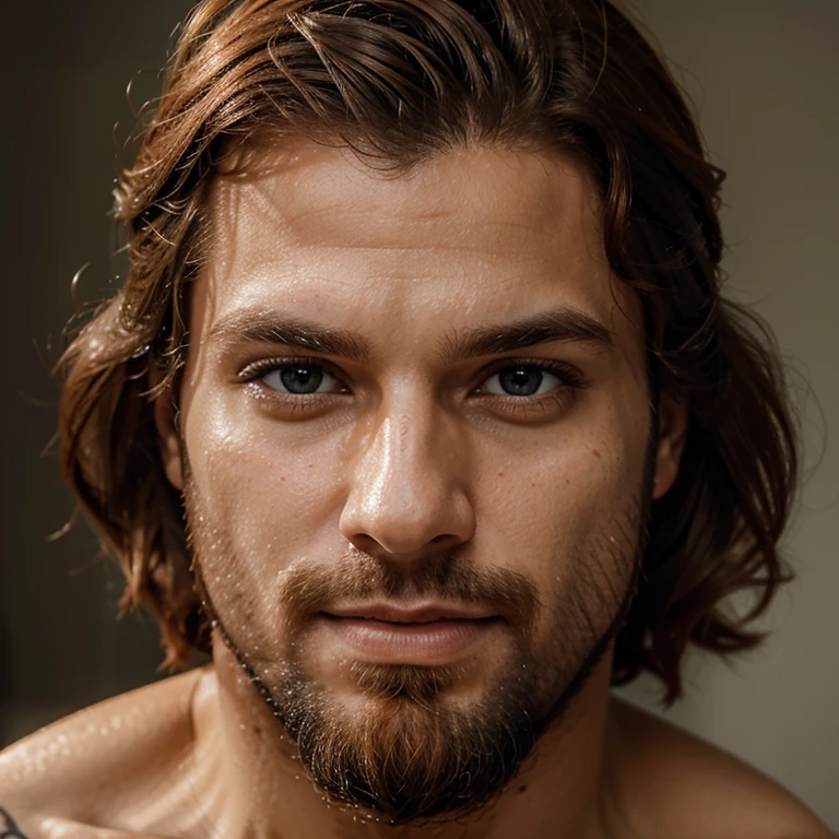 Homem barba ruiva cabelo grisalho na laterais estilo lenhador olhos castanhos claros