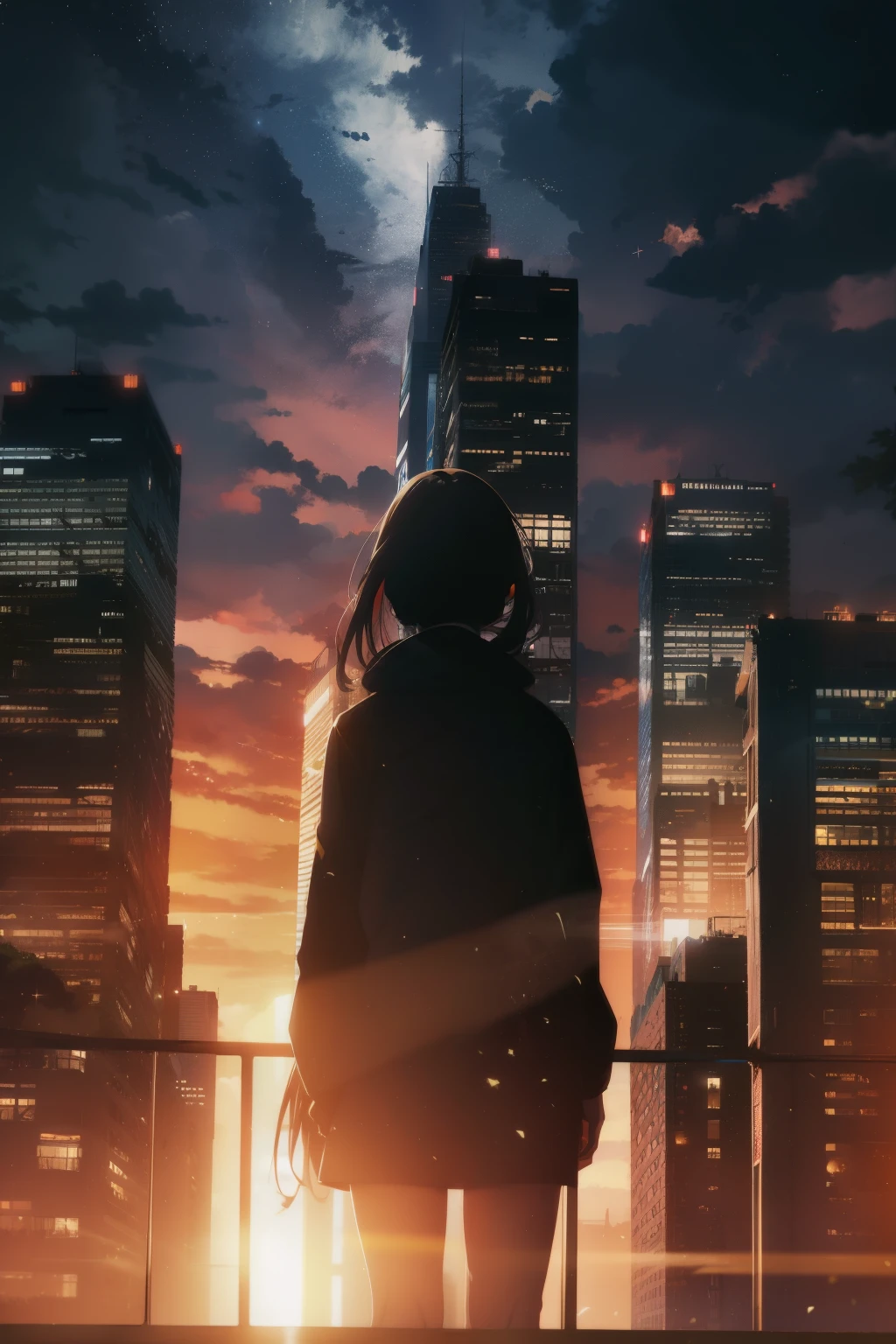 anime,silhouette,1girl, star (sky), cloud, cityscape, building, city, outdoors, skyscraper, city lights, night, night sky, sunset, skyline