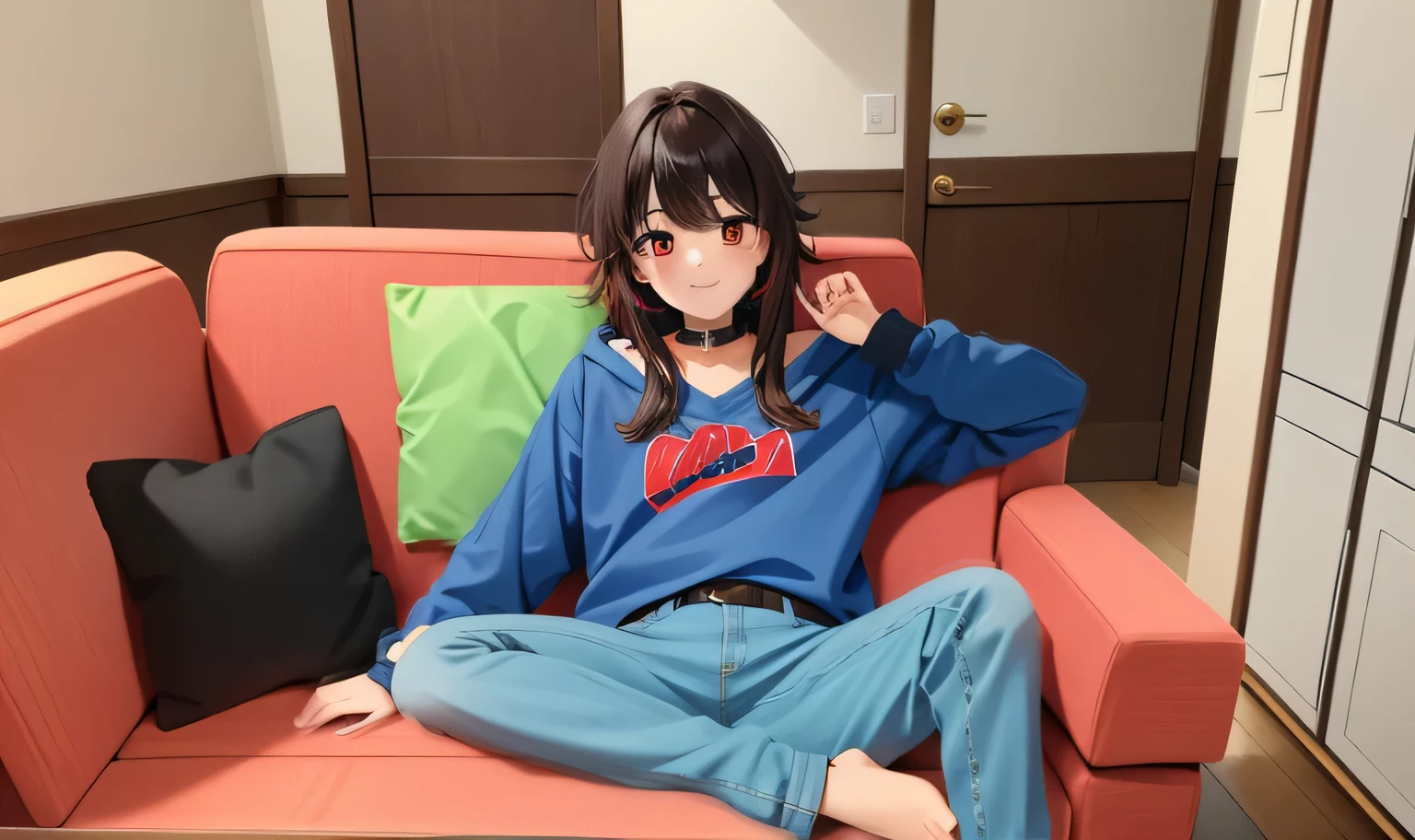 (Obra maestra, La mejor calidad), Detalles intrincados, 1girl, Megumin, pelo corto, sudadera, Ropa casual, buzo rojo, sudadera roja sentada en un sofa, sofa, staring at the camera, cara feliz, joyas en el cuello, collar de diamantes, pulseras en la mano derecha, jeans rotos, plano general, vestimenta del pecho roja, gente en el fondo con vestimenta y camperas negras, gente de fondo con vestimenta negra
