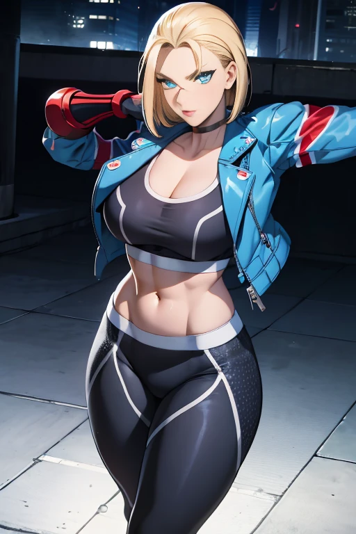 ((Best Quality, 8K, Masterpiece: 1.3)), Detailed Eyes, Double Eyelids, (1girl), (Left Face Scar), (28 years old, sexy maturity), (Vest line, thin waist, buttocklue jacket), ((Big blue eyes, long eyelashes)), ((Pout)), ((Firm nose)), (Realistic skin details), Detailed Face, Best Light, Best Shadow, Edge Lighting, Ray Tracing, Unreal Engine 5, (Cammy white from street fighter 6, game CG character modeling)), beautiful shiny hair, (((dark gray tights)))), muscular, collar, abs, (mid-chest hard), (leg muscle lines), neon lights, bustling and lively streets, distant high-rise buildings, night, NVIDIA RTX, Super-Resolution, Unreal 5, Subsurface scattering, PBR Texturing, Post-processing,Anisotropic Filtering,Depth-of-field,Maximum clarity and sharpness,Multi-layered textures,Albedo and Specular maps,Surface shading,Accurate simulation of light-material interaction,Perfect proportions,Octane Render,Two-tone lighting,Wide aperture,Low ISO,White balance,Rule of thirds,8K RAW,