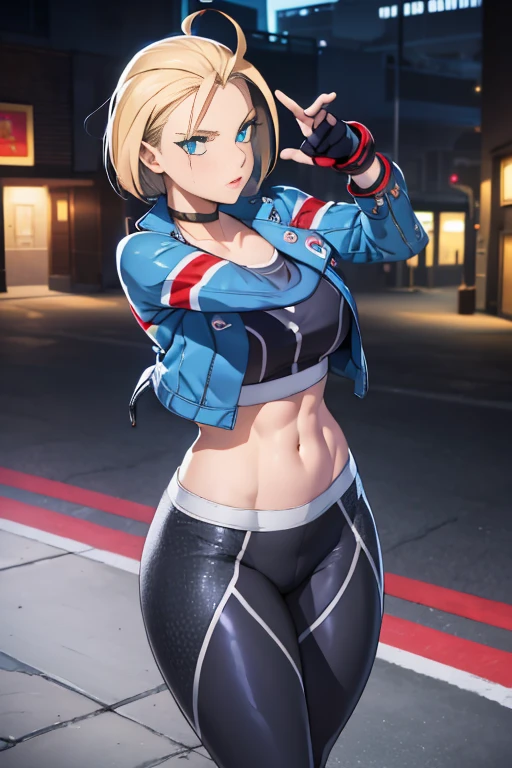 ((Best Quality, 8K, Masterpiece: 1.3)), Detailed Eyes, Double Eyelids, (1girl), (Left Face Scar), (28 years old, sexy maturity), (Vest line, thin waist, buttocklue jacket), ((Big blue eyes, long eyelashes)), ((Pout)), ((Firm nose)), (Realistic skin details), Detailed Face, Best Light, Best Shadow, Edge Lighting, Ray Tracing, Unreal Engine 5, (Cammy white from street fighter 6, game CG character modeling)), beautiful shiny hair, (((dark gray tights)))), muscular, collar, abs, (mid-chest hard), (leg muscle lines), neon lights, bustling and lively streets, distant high-rise buildings, night, NVIDIA RTX, Super-Resolution, Unreal 5, Subsurface scattering, PBR Texturing, Post-processing,Anisotropic Filtering,Depth-of-field,Maximum clarity and sharpness,Multi-layered textures,Albedo and Specular maps,Surface shading,Accurate simulation of light-material interaction,Perfect proportions,Octane Render,Two-tone lighting,Wide aperture,Low ISO,White balance,Rule of thirds,8K RAW,