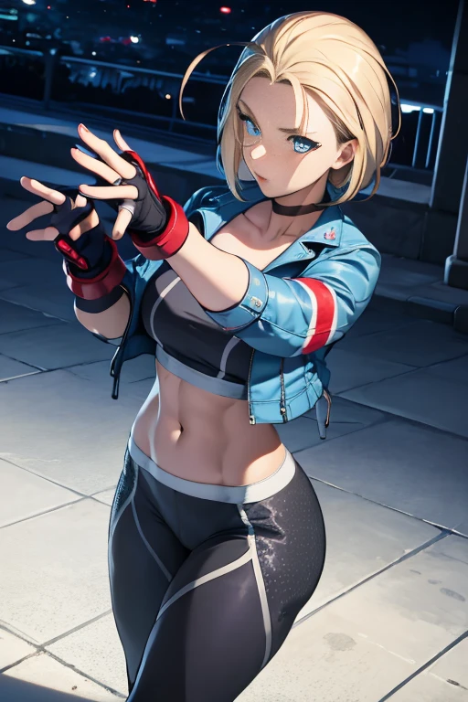 ((Best Quality, 8K, Masterpiece: 1.3)), Detailed Eyes, Double Eyelids, (1girl), (Left Face Scar), (28 years old, sexy maturity), (Vest line, thin waist, buttocklue jacket), ((Big blue eyes, long eyelashes)), ((Pout)), ((Firm nose)), (Realistic skin details), Detailed Face, Best Light, Best Shadow, Edge Lighting, Ray Tracing, Unreal Engine 5, (Cammy white from street fighter 6, game CG character modeling)), beautiful shiny hair, (((dark gray tights)))), muscular, collar, abs, (mid-chest hard), (leg muscle lines), neon lights, bustling and lively streets, distant high-rise buildings, night, NVIDIA RTX, Super-Resolution, Unreal 5, Subsurface scattering, PBR Texturing, Post-processing,Anisotropic Filtering,Depth-of-field,Maximum clarity and sharpness,Multi-layered textures,Albedo and Specular maps,Surface shading,Accurate simulation of light-material interaction,Perfect proportions,Octane Render,Two-tone lighting,Wide aperture,Low ISO,White balance,Rule of thirds,8K RAW,