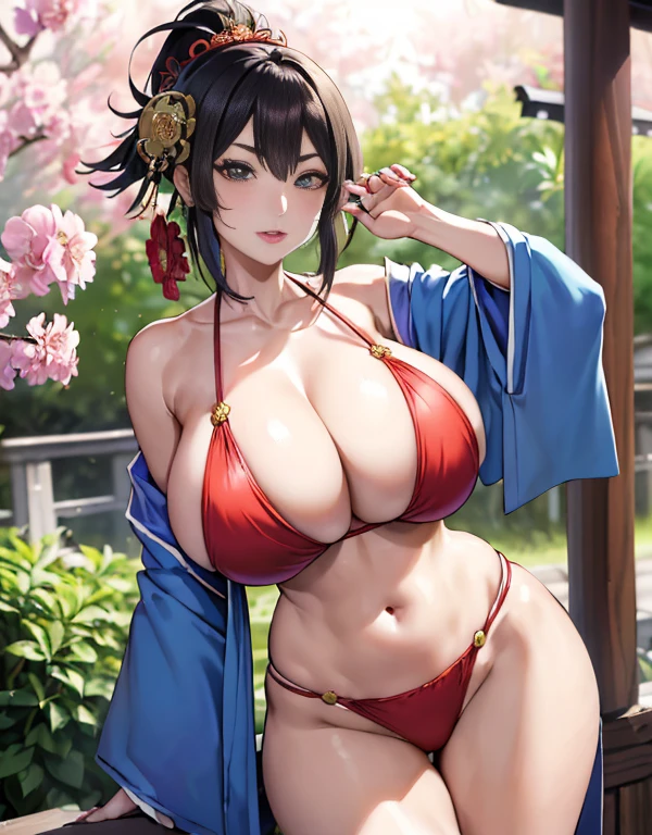 (top-quality、8K、32K、​masterpiece、超A high resolution、(((oiran woman))),22year old、((maikurobikini)),(Colossal tits)、(((cleavage of the breast))),((extremely heavy breasts)),(Login Hair)、abdominals、the perfect body、(((Armpit))),((flower quill woman)), Delicate facial features, Ultra-realistic, Hyper-realistic, 鎖骨、Shadow、octan render、Beautiful ass、(((Toostock))),((maikurobikini)),((Wear a beautiful kimono with a high degree of exposure)),hyperdetailed face、lips like eyes、二重まぶた、(((Toostock))),(魅惑的)、((agitation:1.5))、maikurobikini、((Navel))、Mystical expression、shrine background、Old Town of Japan、((heavy breasts)),Toostock、mecosuji、A beautiful kimono with a delicate floral pattern....................highcontrast、(((Colorful kimono))),heavy breasts、((a navel)).((Farbe々Ricker takes a photo in a sexy pose、Kimono comes off、Natural light、（A person who sees with calm and goddess-like eyes）Happiness:1.2)、Highly exposed、Beautiful ass、(((Toostock))),cyan color rack、