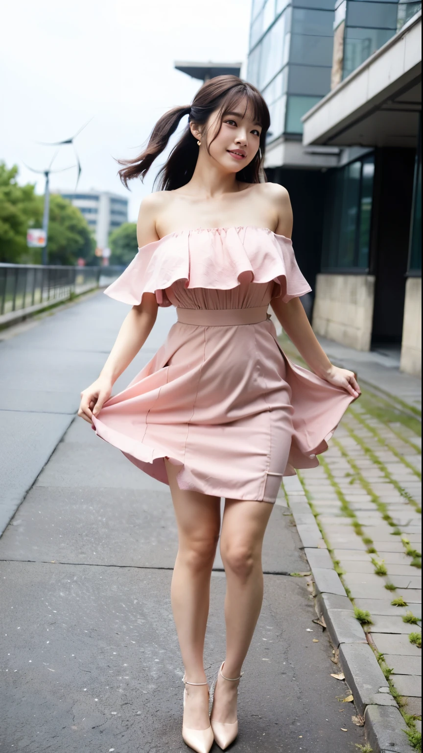 (Best quality, 8k, 32k, Masterpiece, UHD:1.2),Photo of Pretty Japanese woman,(sad smile,blush:1.1),looking at viewer,(beautiful detailed dress skirt:1.2),detailed legs,(spread legs:0.9),(lace panties:0.9),(wind lift:1.6), full body,windy,city,outdoors