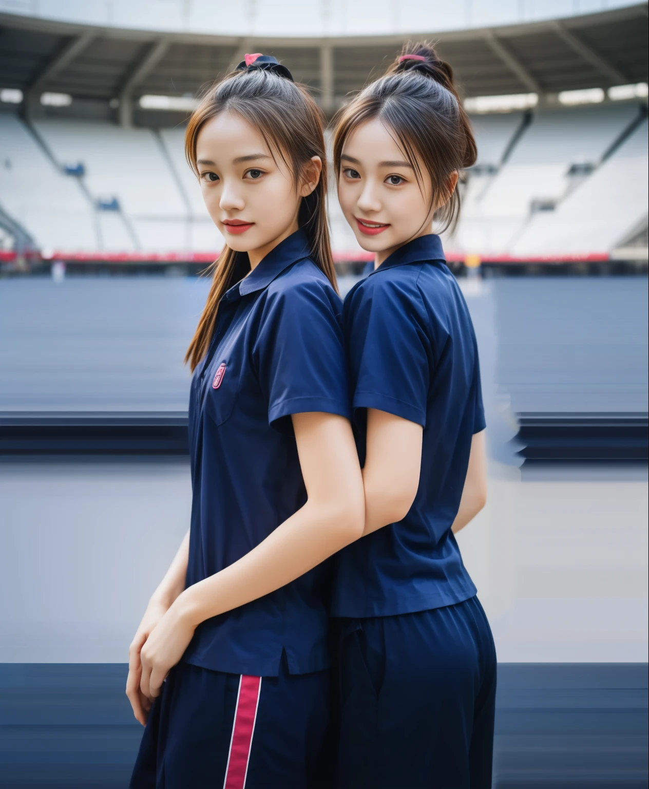 (bestquality,10,10,highres,masterpiece:1.2),ultra-detail,(Realistic,ภาพRealistic,photo-realistic:1.37),1 Cute girl in the football field,oily shiny skin,bara,light smile,BDclothelue shirt:1.3)),short sleeves,shirt, trousers.,(navy_long_ติดตามtrousers:1.1), ((Stadium Background:1.3)),dynamic angle,excited,face focus,Dynamic Poses,from behide,Ass Focus,masterpiece, bestquality, ultra realistic, hyper-detail, 8k resolution, RAW photo, crisp focus, ((Navy blue shirt:1.1)), short sleeves, เส้นทางlong, Complete bodyแบบ, 2 mature women, 18yo, cinematic light,trousersวอร์มสีน้ําเงิน,Gymware,Correct anatomy,Complete body, Correct body, sharp face, Correct bodyทางกายวิภาค, full entire body, Realistic gestures, long-haired, Realistic poses,Wear long shorts............................................,ช่วงขาlong,Shapely,Sculpting Girl, Slender Figure, mannequin mannequins, Shapely, Beautiful body,trousersวอร์มสีน้ําเงิน, Two girls kissing
