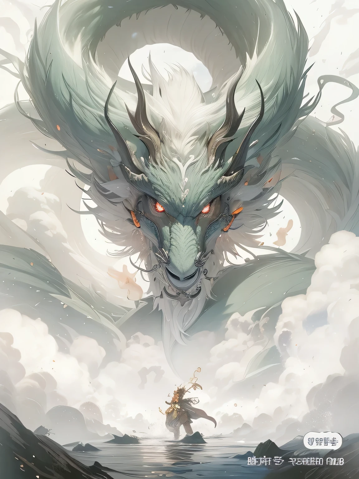 Realistic style illustration of a man standing in front of a drak, A drak made of clouds, A person with a drak soul, drak god, drak in the background, author:Hero, anime fantasy illustrations, chinese fantasy, A beautiful artistic illustration, drak is in the sky, Giant drak flies in the sky, drakart, drak
