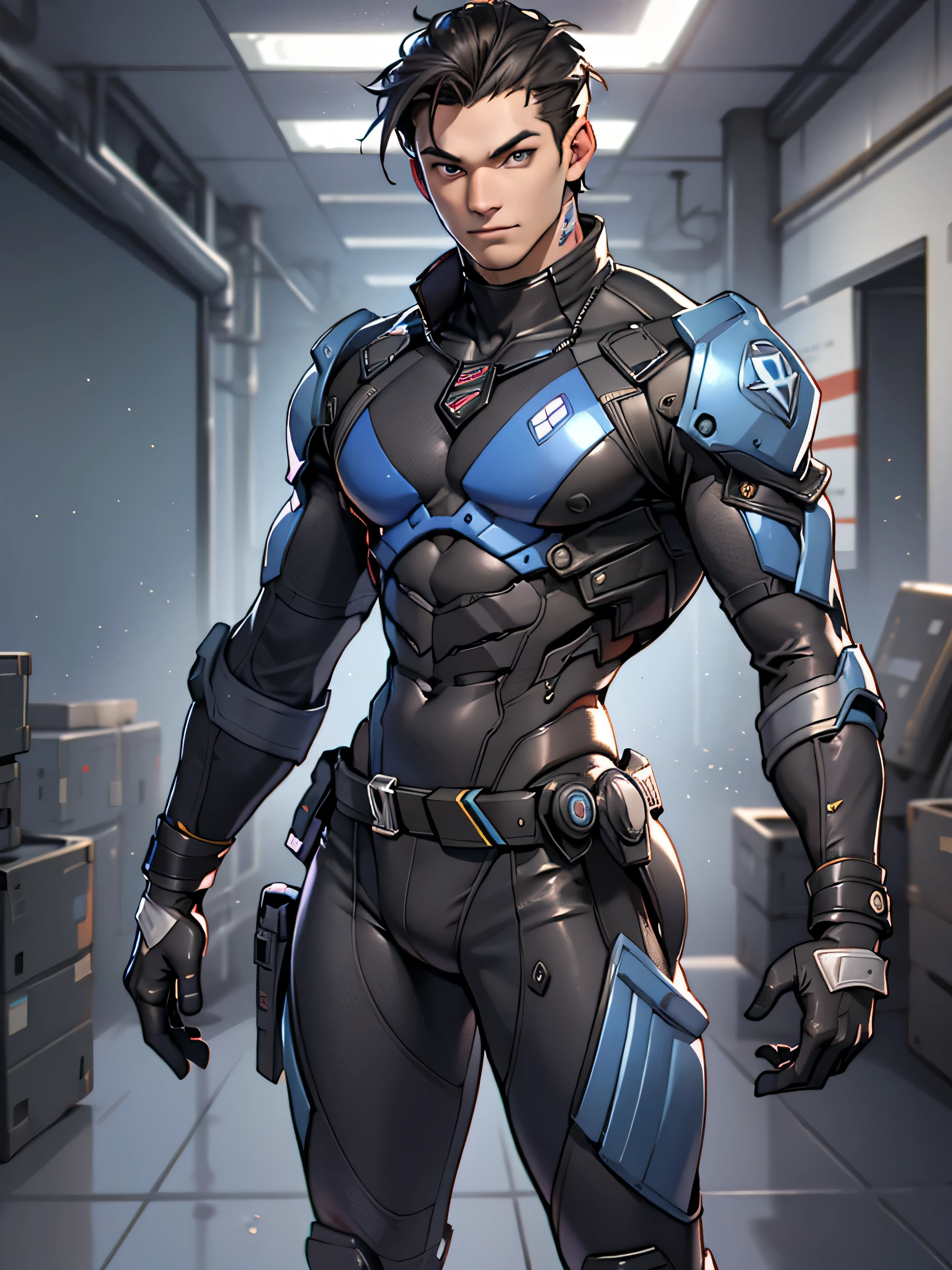 A Man, muscular, brown hair, blue eyes, SWAT Member, wearing a futuristic but sexy Uniform, strong face, strong expression, in a grey empty room, red neon light, soft shadows, Realistic, Highly detailed, masculine, Highly realistic, photorealistic artwork, 4K resolution. super details, masterpeace