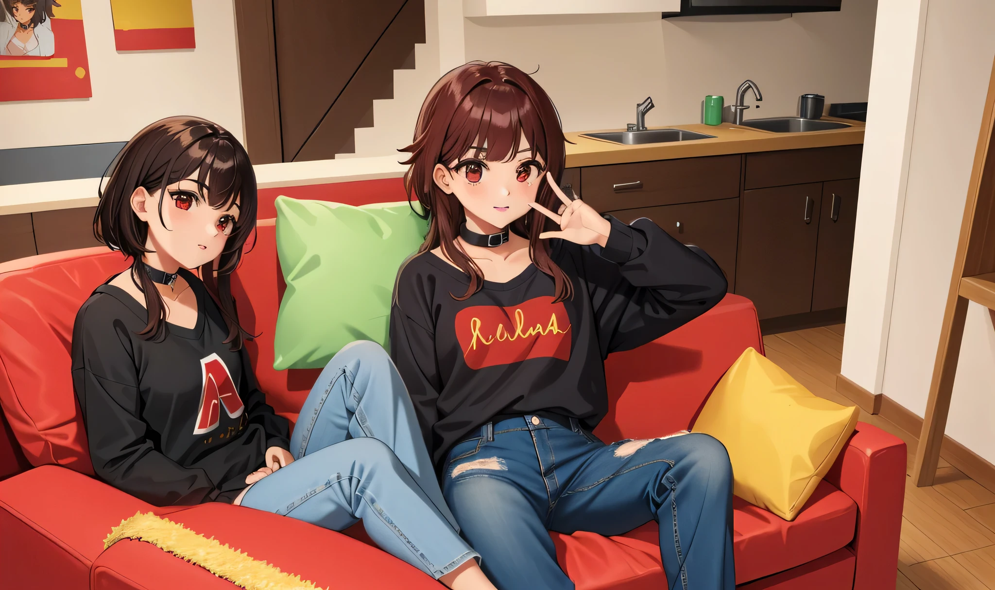 (Obra maestra, La mejor calidad), Detalles intrincados, 1girl, Megumin, pelo corto, sudadera, Ropa casual, buzo rojo, sudadera roja sentada en un sofa, sofa, staring at the camera, cara feliz, joyas en el cuello, collar de diamantes, pulseras en la mano derecha, jeans rotos, plano general, vestimenta del pecho roja, gente en el fondo con vestimenta y camperas negras, gente de fondo con vestimenta negra