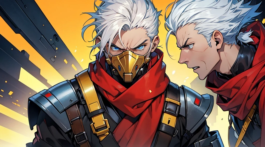 Man with white hair and blue eyes and a red scarf and a golden arcane costume futuristic style and a golden gas mask futuristic style very angry and golden gauntlets and a yellow background watercolor style