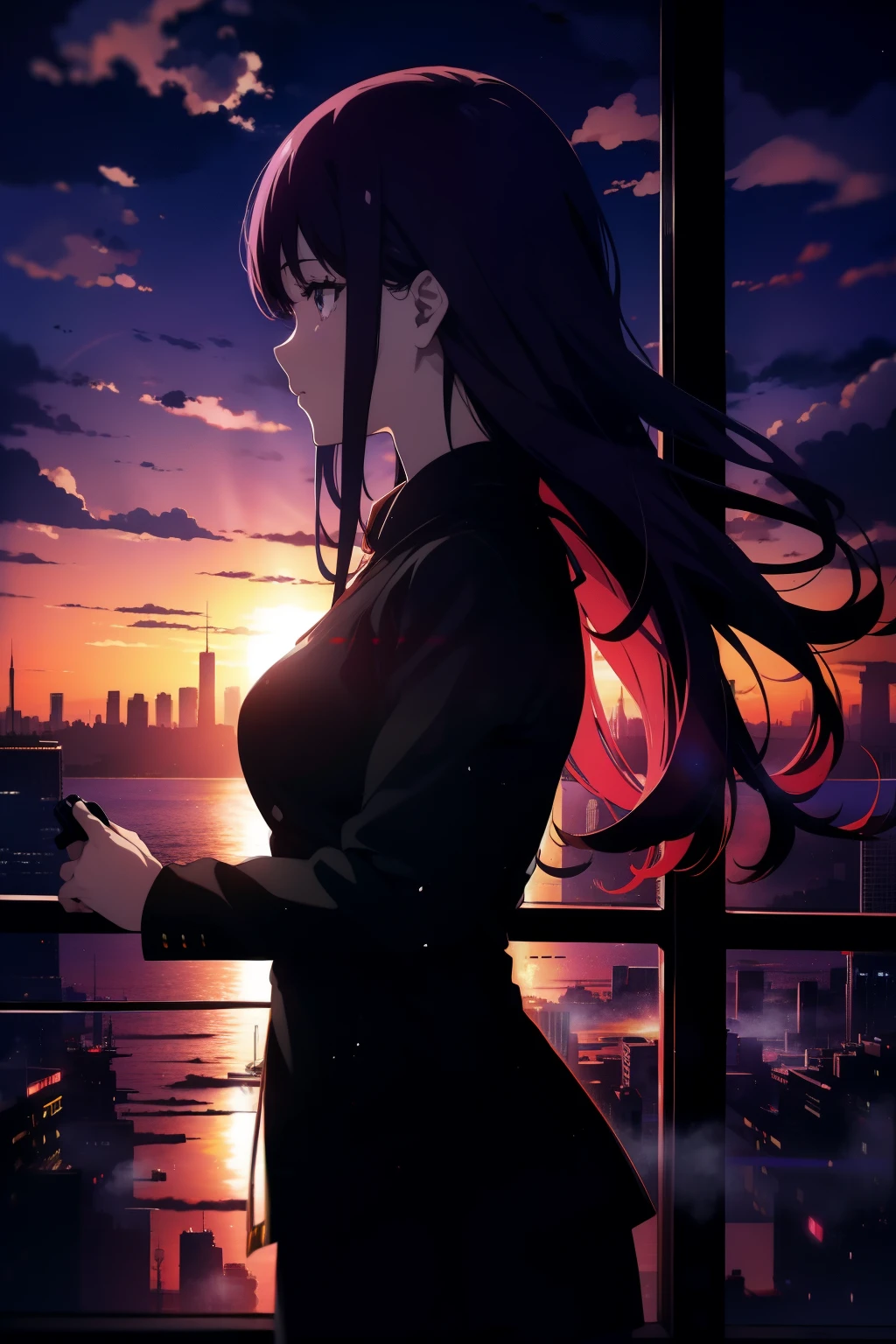 anime,silhouette,1girl, star (purple sky), cloud, cityscape, building, city, outdoors, skyscraper, city lights, night, night sky, sunset, skyline, centered, scene:0.9