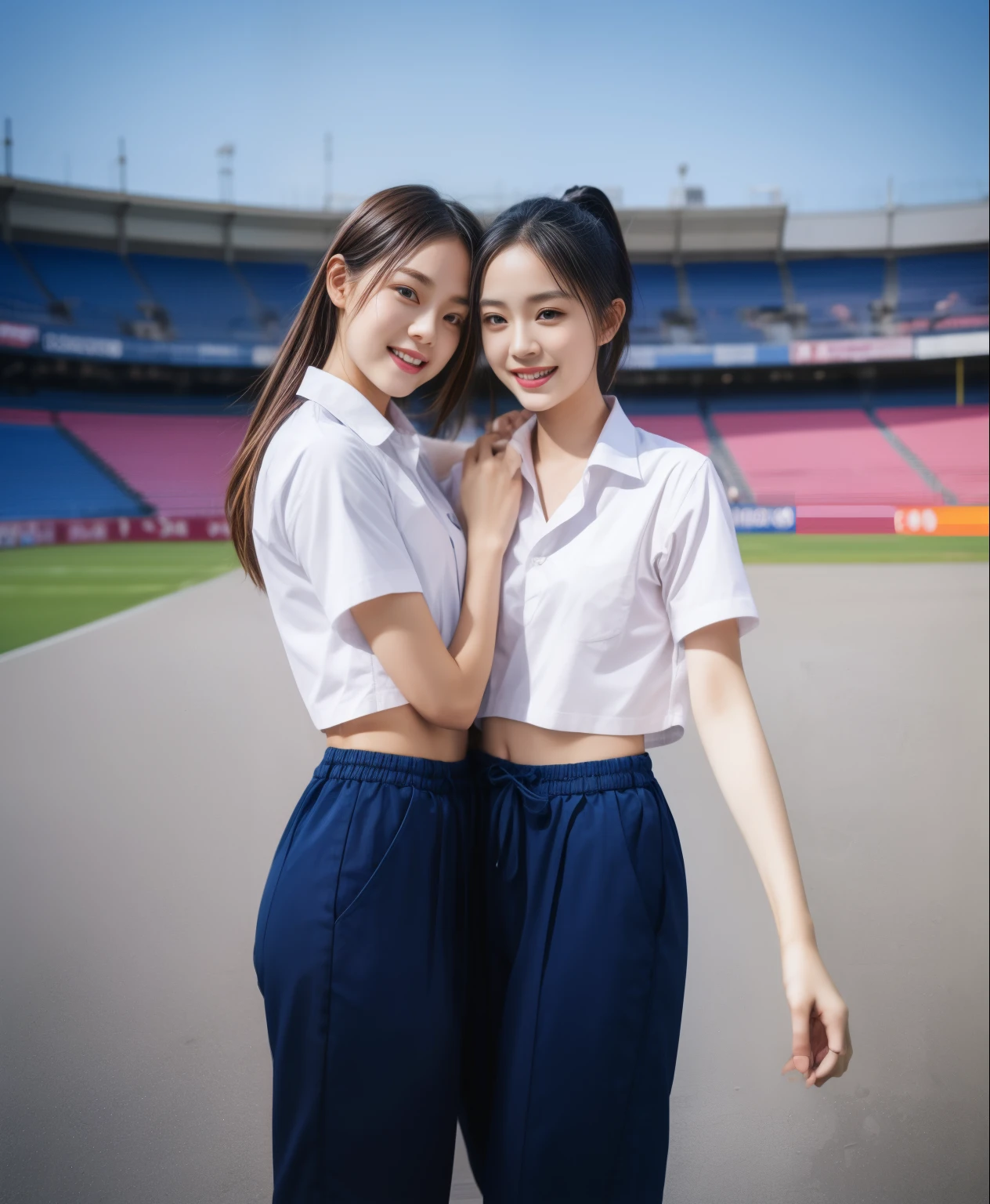 (bestquality,10,10,highres,masterpiece:1.2),ultra-detail,(Realistic,ภาพRealistic,photo-realistic:1.37),1 Cute girl in the football field,oily shiny skin,bara,light smile,BDclothelue shirt:1.3)),short sleeves,shirt, trousers.,(navy_long_ติดตามtrousers:1.1), ((Stadium Background:1.3)),dynamic angle,excited,face focus,Dynamic Poses,from behide,Ass Focus,masterpiece, bestquality, ultra realistic, hyper-detail, 8k resolution, RAW photo, crisp focus, ((Navy blue shirt:1.1)), short sleeves, เส้นทางlong, Complete bodyแบบ, 2 mature women, 18yo, cinematic light,trousersวอร์มสีน้ําเงิน,Gymware,Correct anatomy,Complete body, Correct body, sharp face, Correct bodyทางกายวิภาค, full entire body, Realistic gestures, long-haired, Realistic poses,Wear long shorts...........................................,ช่วงขาlong,Shapely,Sculpting Girl, Slender Figure, mannequin mannequins, Shapely, Beautiful body,trousersวอร์มสีน้ําเงิน, Two girls kissing