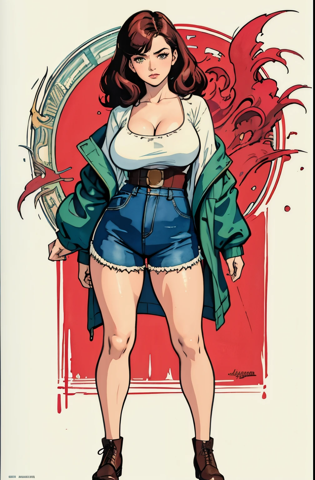 ((masterpiece)), (best quality), (cinematic), ((watercolor painting)), vintage art, 1girl, solo, a mature woman in a white top and high waisted shorts, large breast, chubby, martin ansin, martin ansin artwork, moebius + artgerm, beautiful comic art, joao ruas, by José Comas Quesada, Snow White , inspired by Vincent Lefevre, jamie mckelvie comic art, milo manara style, full body, cleavage, standing,