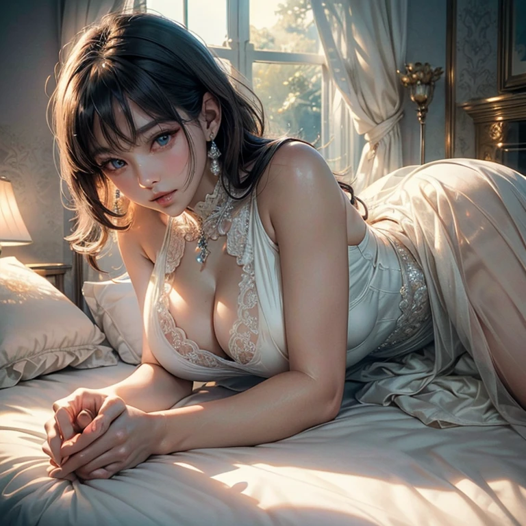 16k ultra-fine CG wallpaper, masterpiece, excellent picture quality, super delicate), (excellent light and shadow, delicate and beautiful), real , bright face, 18K close-up perfect display, cute, girl wearing exquisite sleeveless shirt and long skirt, lying prone on the white big bed, colorful jewel-like eyes.