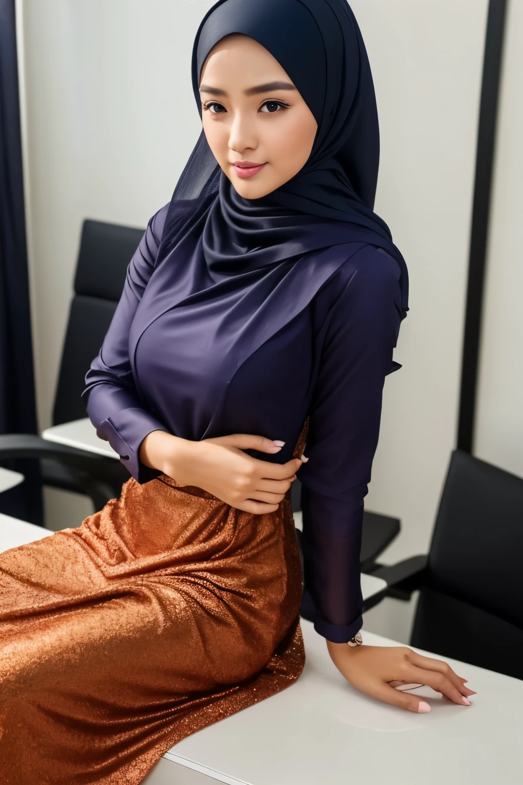 close up of a malaysia girl, (full-body:1.2), (flat-chests:1.5), (kurung modern Outfit:1.3), (RAW photo, Masterpiece, Best Quality:1.2), (hijab:1.4), (headscarf:1.2), Fit Clothes that are covered and polite, long-sleeved Hijab clothes, look polite and elegant, ((Best Quality Hijab Hair, Hair close with Hijab)), ((hands_with_5_fingers):1), ((perfect_hands):1), ((perfect_fingers):1), better_hands, malaysian girl, in office, high heels, hands on the chest