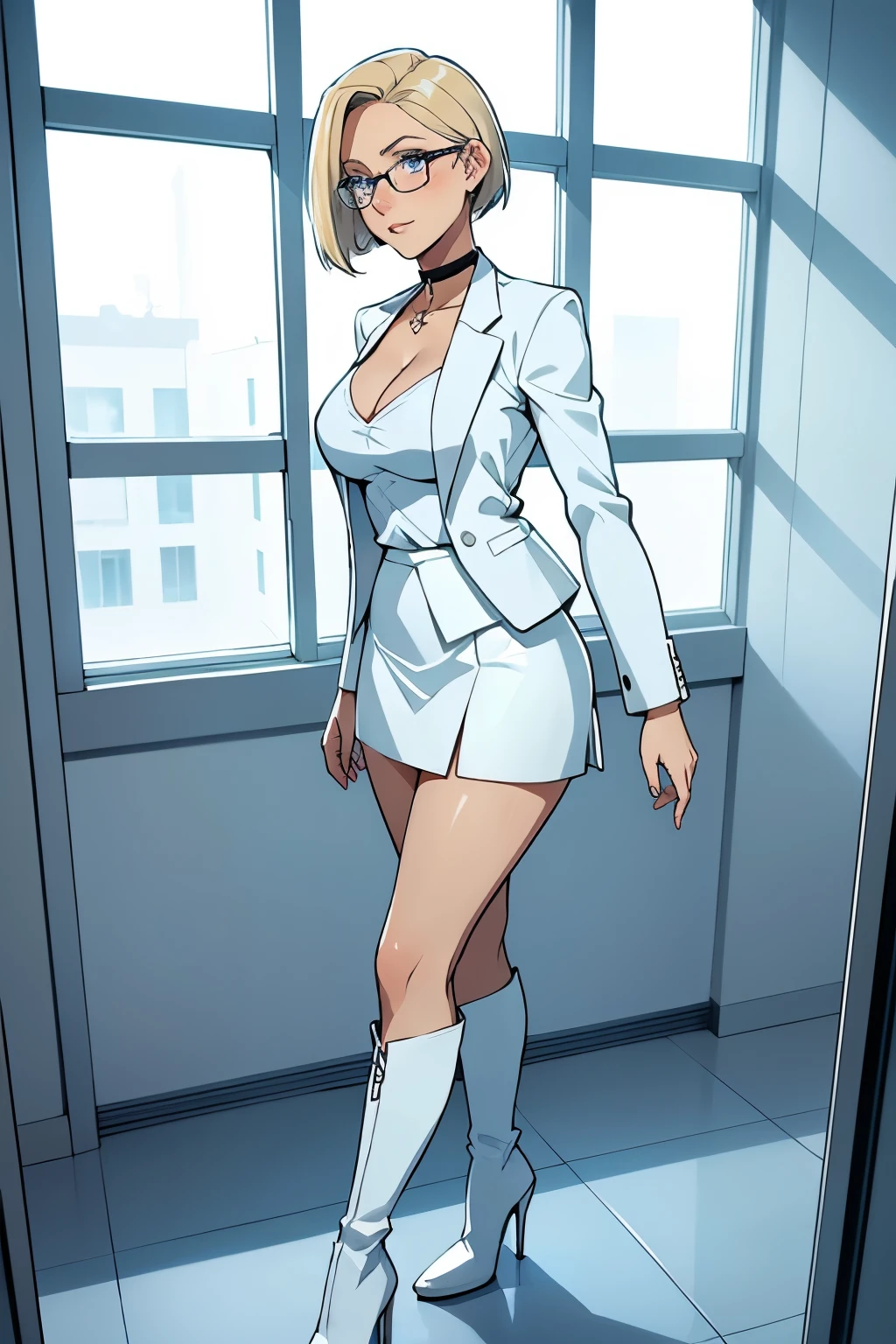 female, short straight blonde hair, blue eyes, white suit jacket, white skirt, long white high heel boots, black choker, no t shirt, medium boobs, glasses, blushing, in front of a window