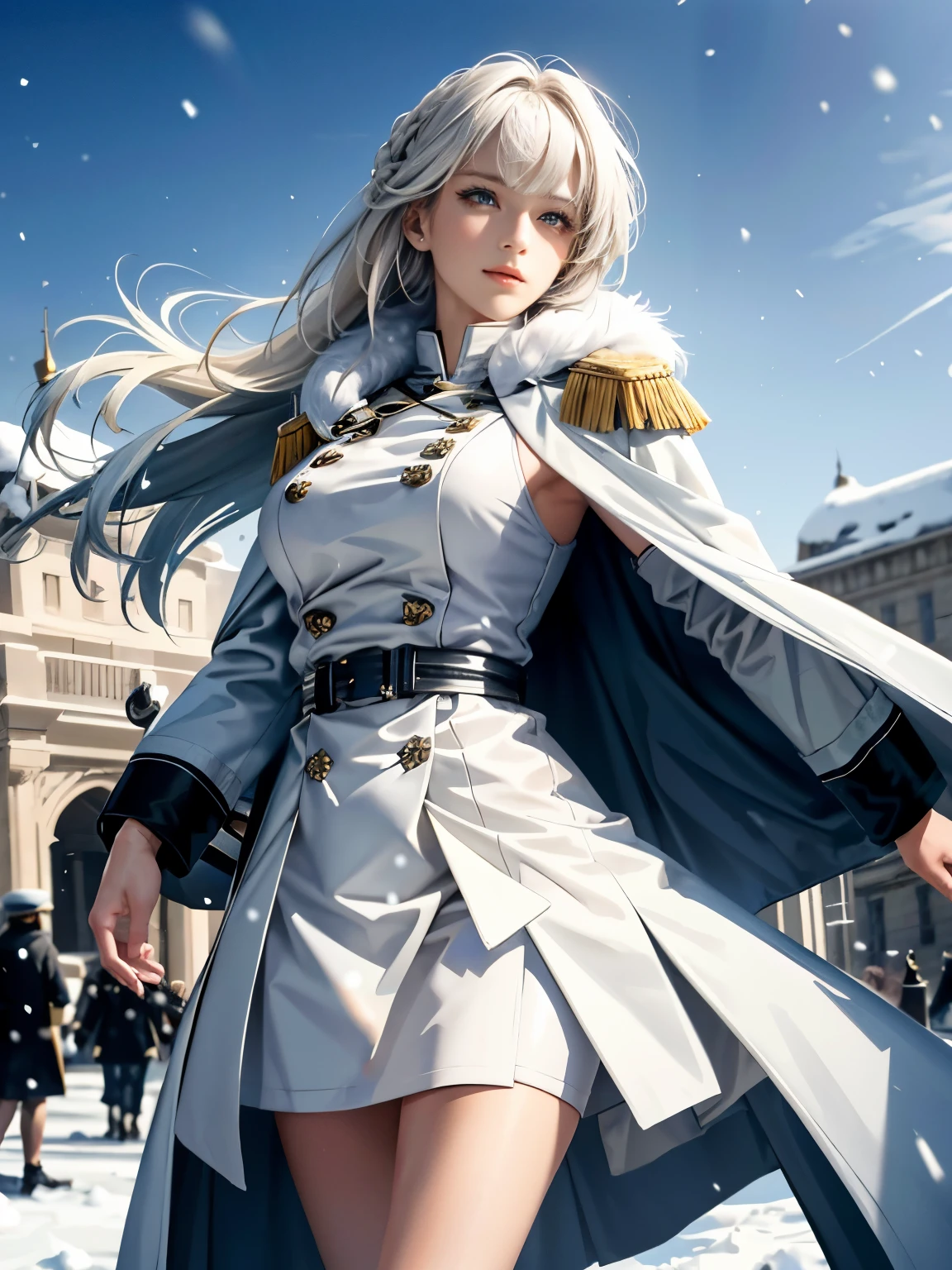 (highest resolution, distinct_image) Best quality, single person, one girl, solo, masterpiece, highly detailed, realistic, long hair, braided white blond hair, (blue military uniform underneath the coat), depth of field, outdoor background, (falling snow), ((big breasts)), authoritative, dignified, calm and powerful expression, ambient lighting, exquisite facial feature, (fur-trimmed white coat), open coat, short skirt, looking at viewer, head to waist, in a terrace of a monumental building, (((front bangs))), dynamic angle, striking a pose, light smile